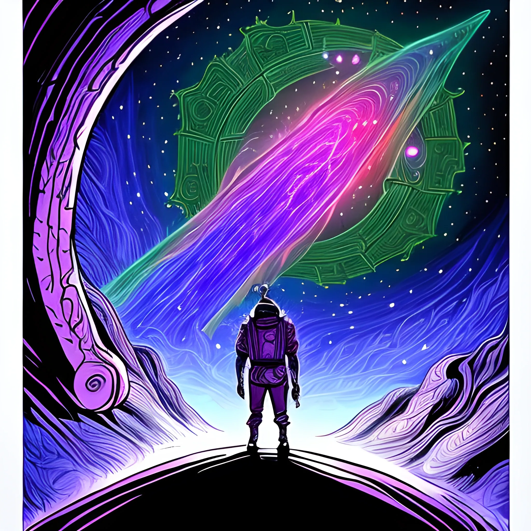 
Fantasy drawing of a man taking a trip through the galaxy., Cartoon, Trippy