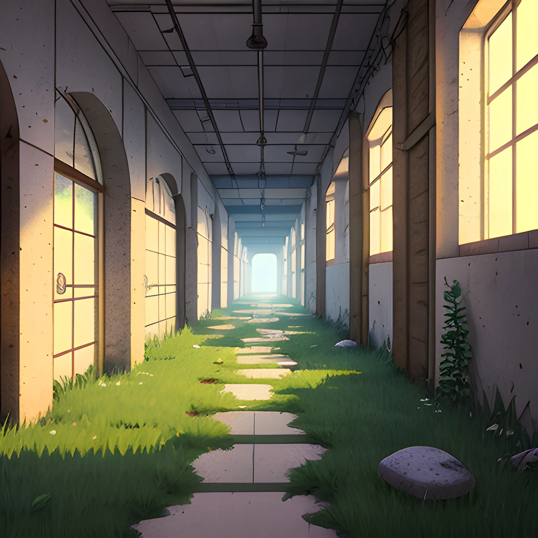 corridor of an old building under construction with stones, grass and cobwebs... in the style of makoto shinkai, Cartoon