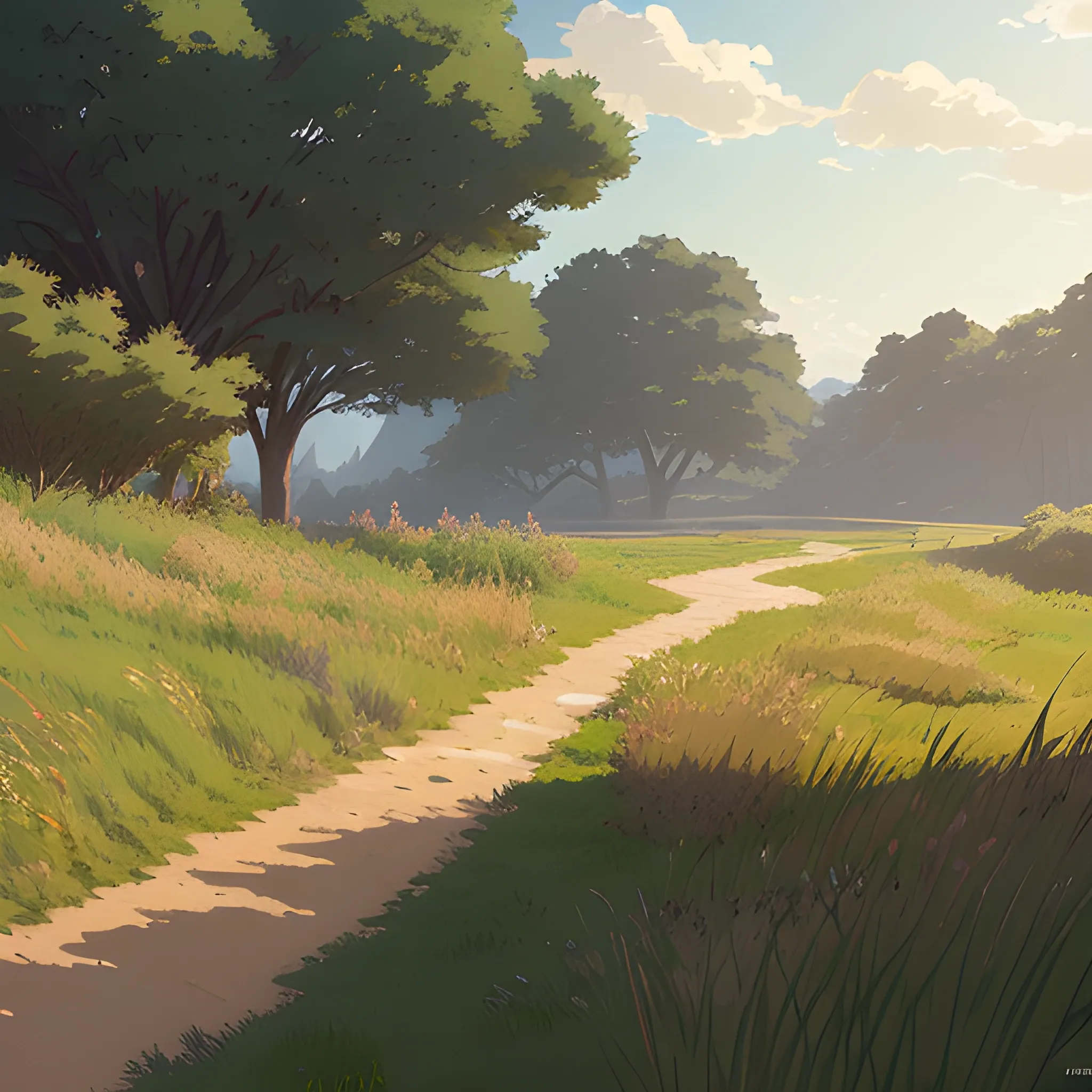 a dirt path with grasses and fooliage... in the style of makoto shinkai and greg rutkowski and albert bierstadt and james gurney, Cartoon