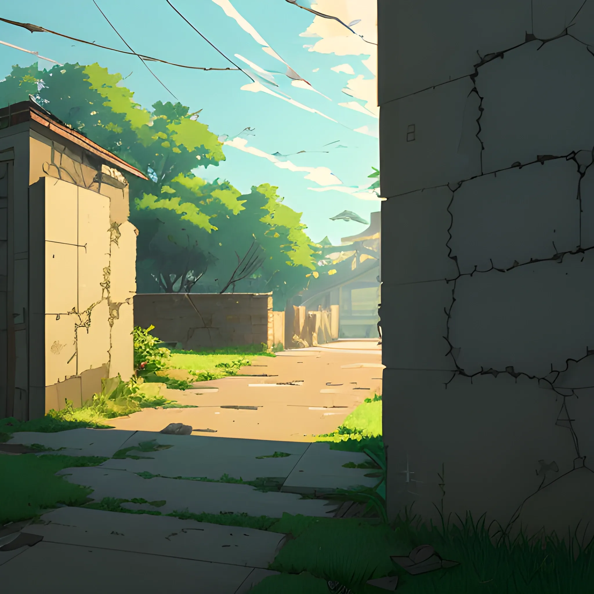 front of view of an old dilapidated wall with glimmer of sun... in the style of makoto shinkai, Cartoon