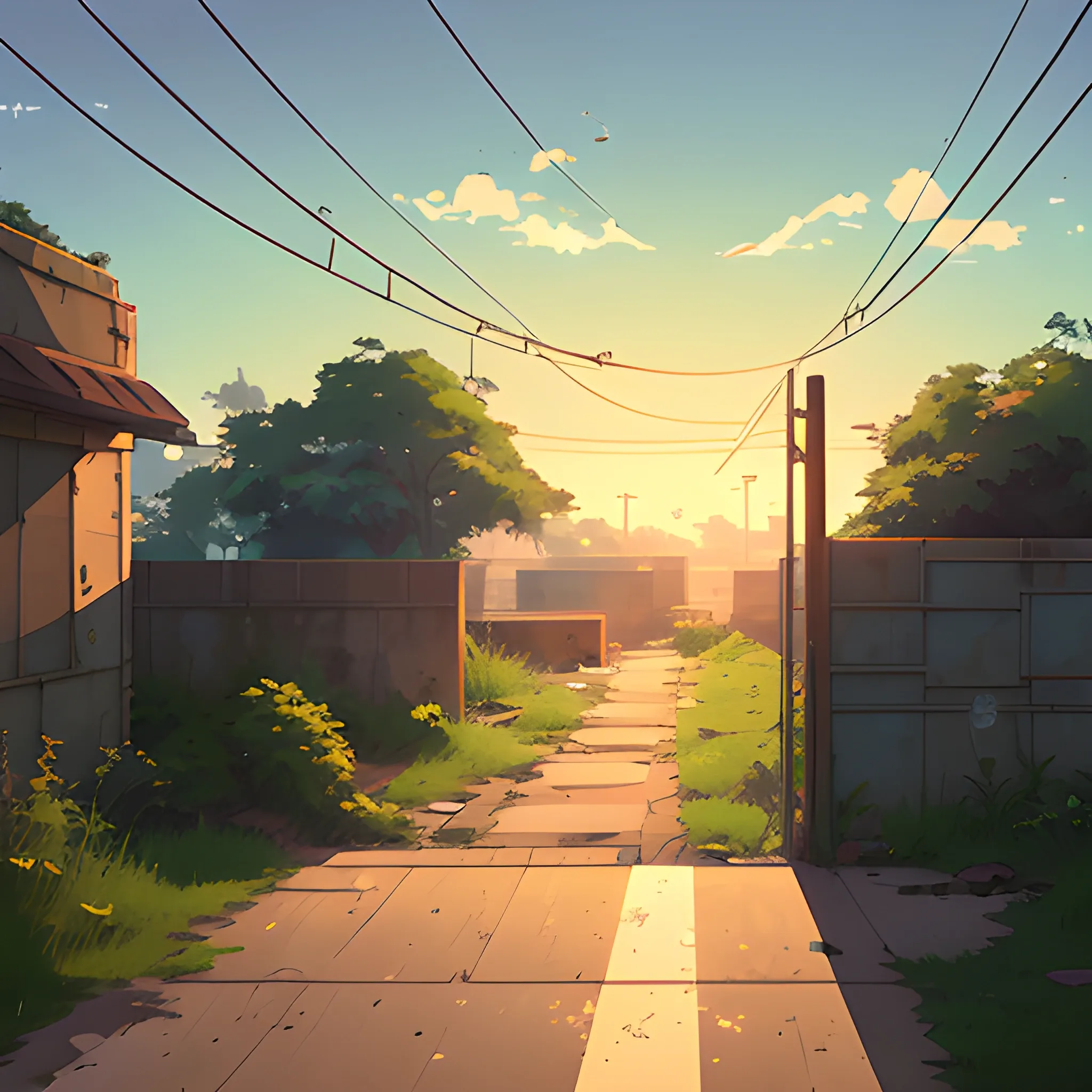 front of view of an old dilapidated wall with glimmer of sun... in the style of makoto shinkai, Cartoon