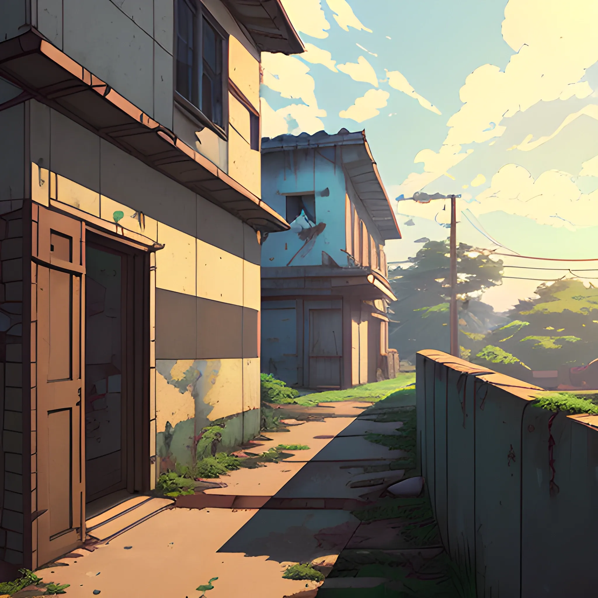 front of view of an old dilapidated wall with glimmer of sun... in the style of makoto shinkai, Cartoon