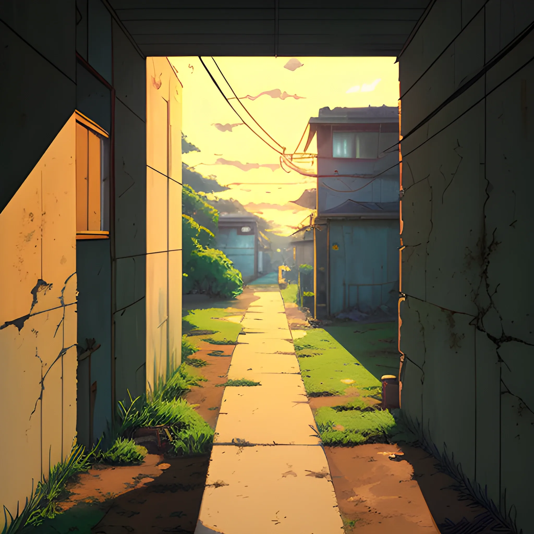 front of view of an old dilapidated wall with glimmer of sun... in the style of makoto shinkai, Cartoon