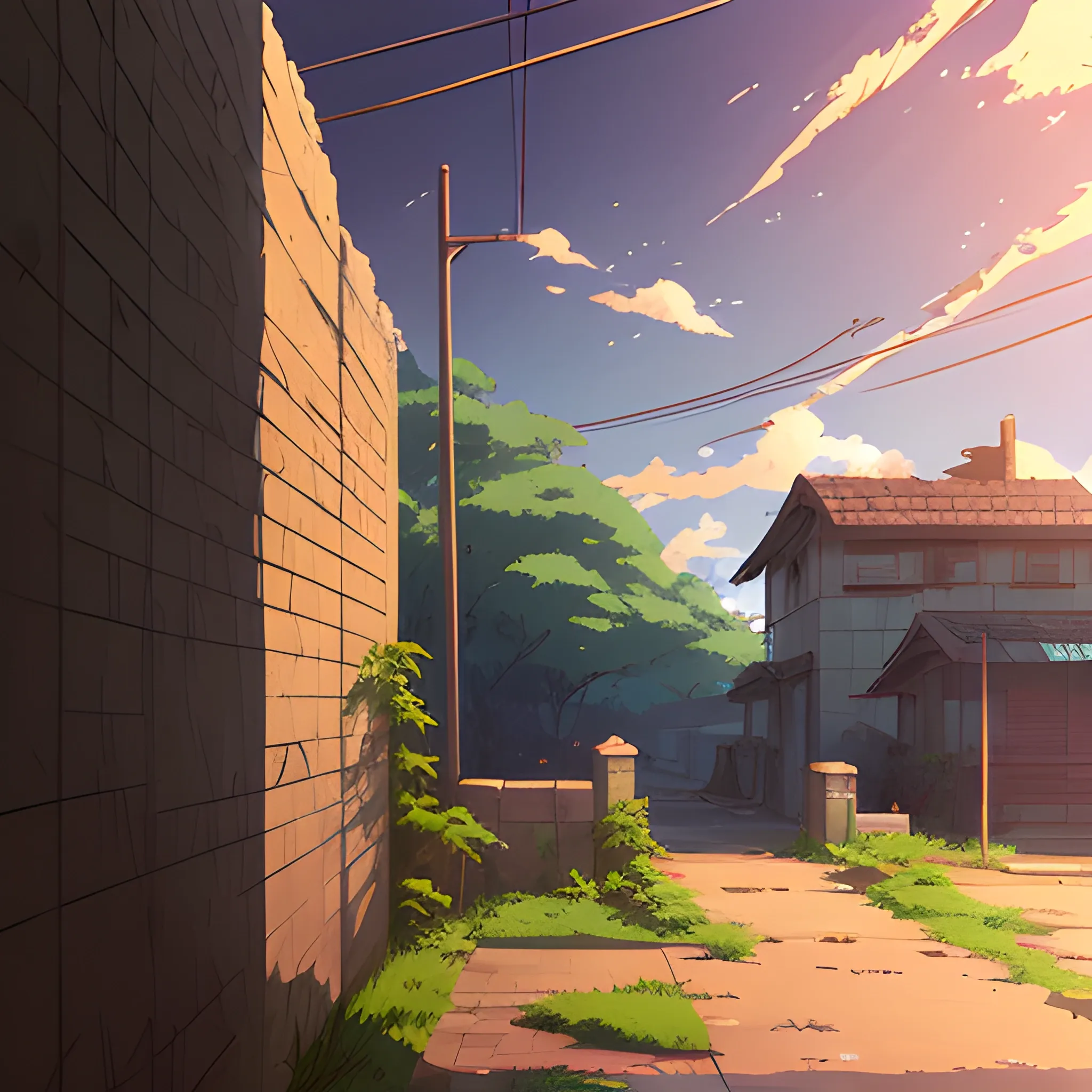 front of view of an old dilapidated wall with glimmer of sun... in the style of makoto shinkai, Cartoon