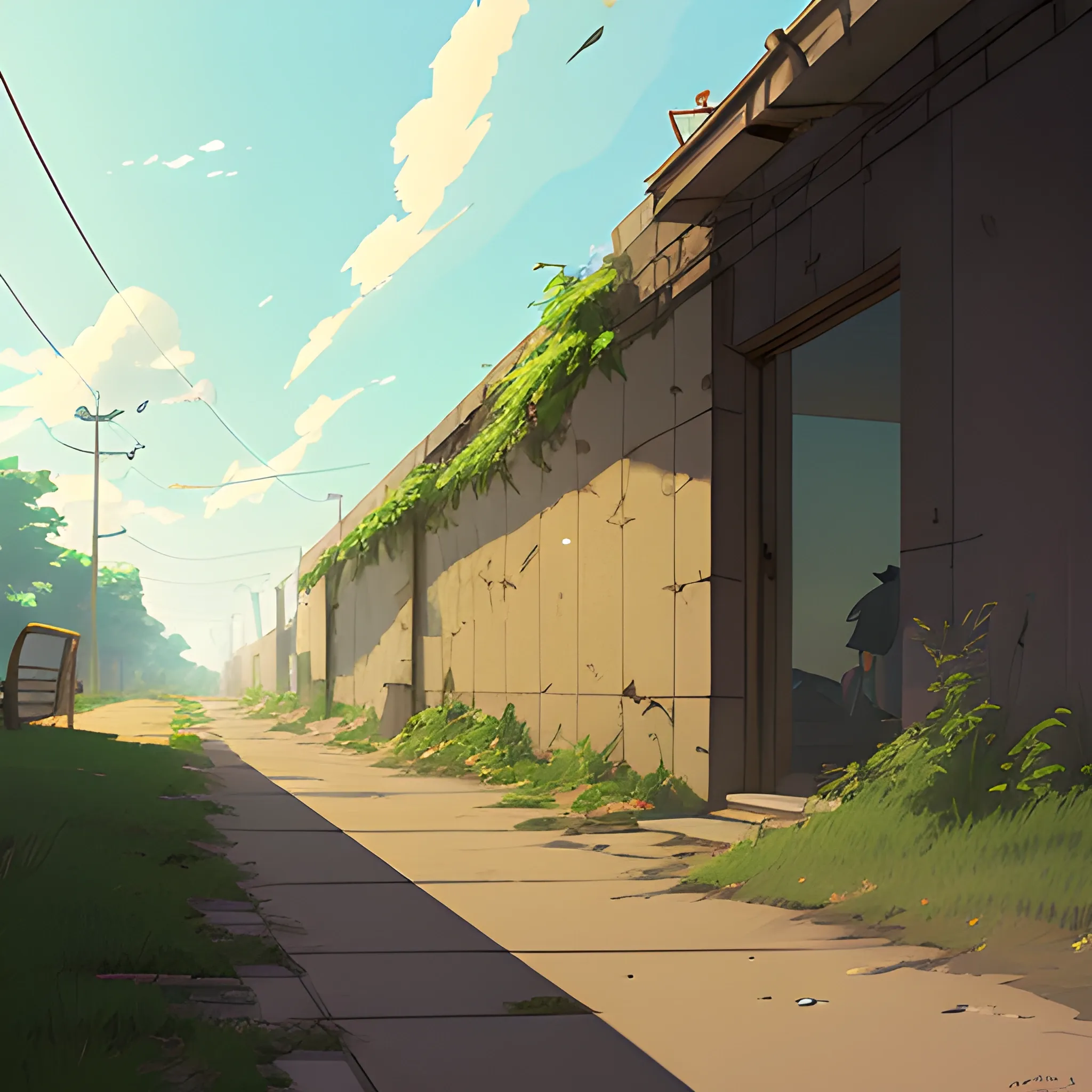 front of view of an old dilapidated wall with glimmer of sun... in the style of makoto shinkai, Cartoon