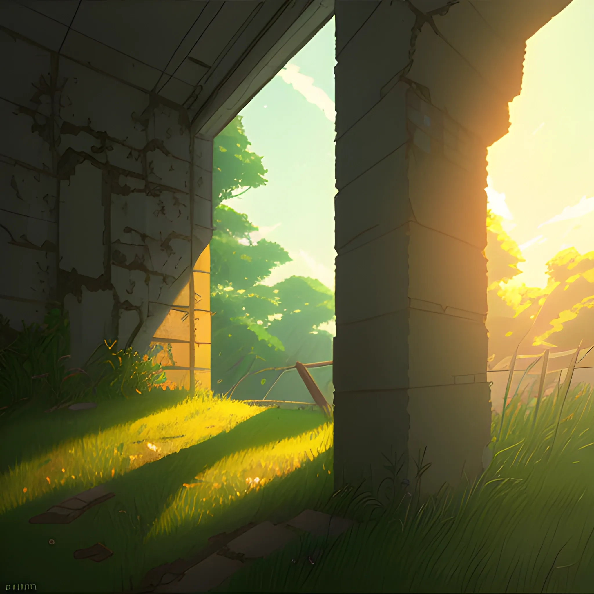 low angle view of an old dilapidated wall with glimmer of sun... in the style of makoto shinkai, Cartoon