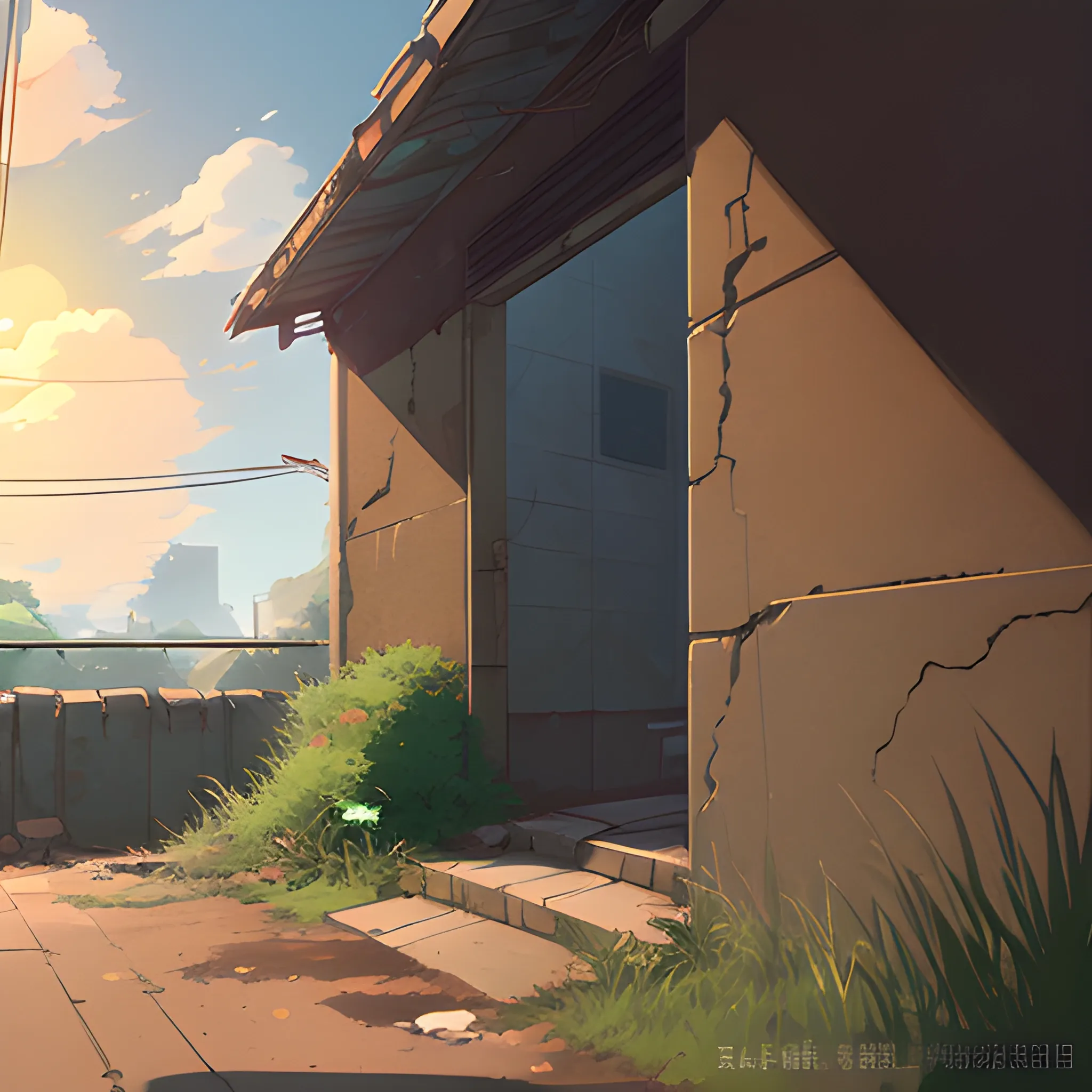 front of view of an old dilapidated wall with glimmer of sun... in the style of makoto shinkai, Cartoon