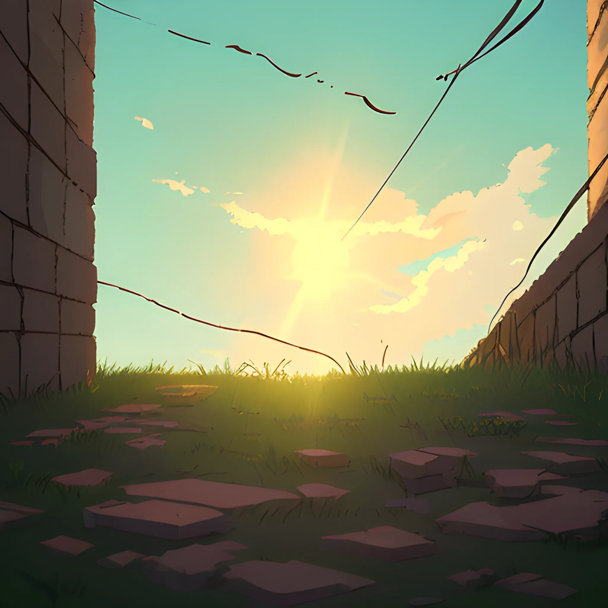 low angle view of an old dilapidated wall with glimmer of sun... in the style of makoto shinkai, Cartoon