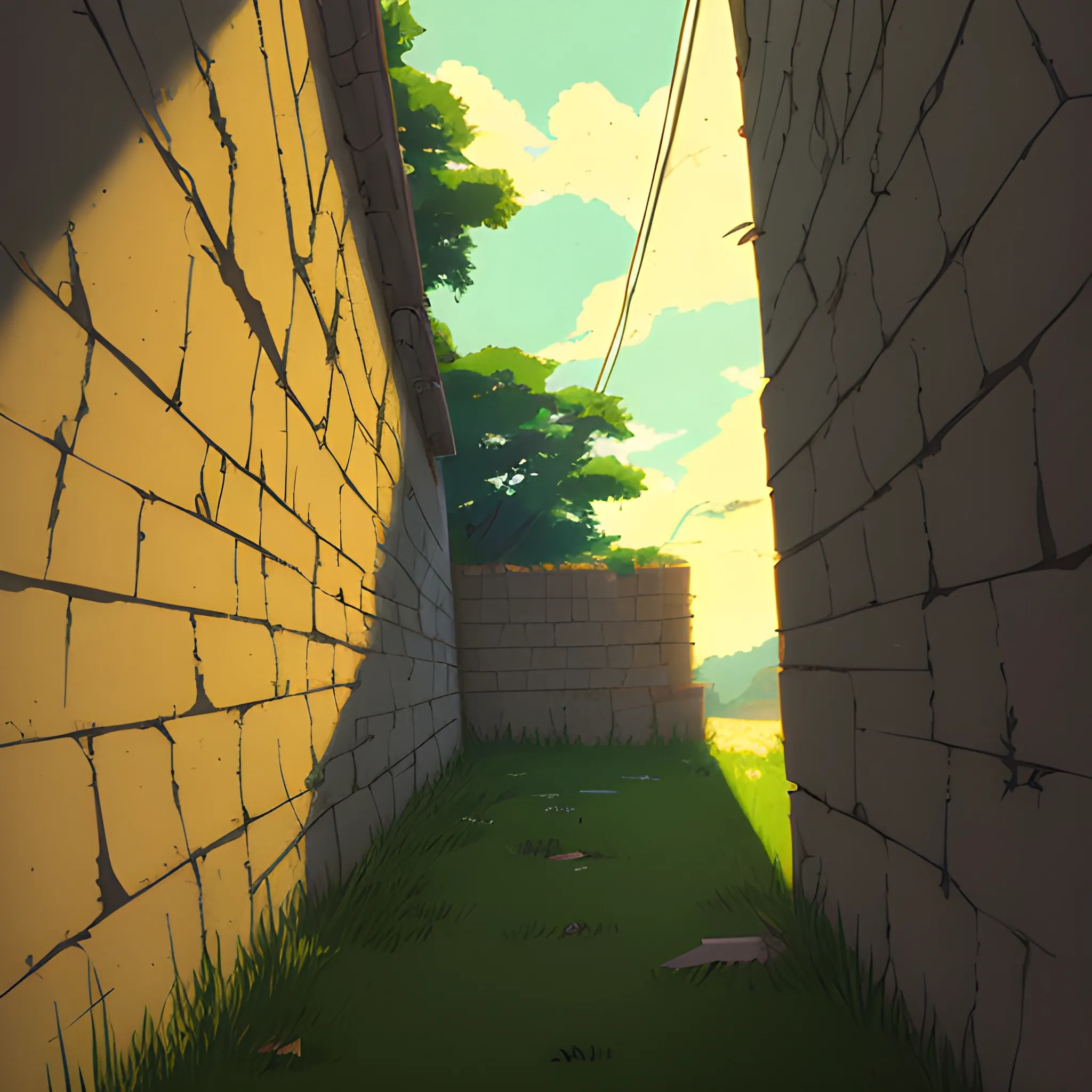 low angle view of an old dilapidated wall with glimmer of sun... in the style of makoto shinkai, Cartoon