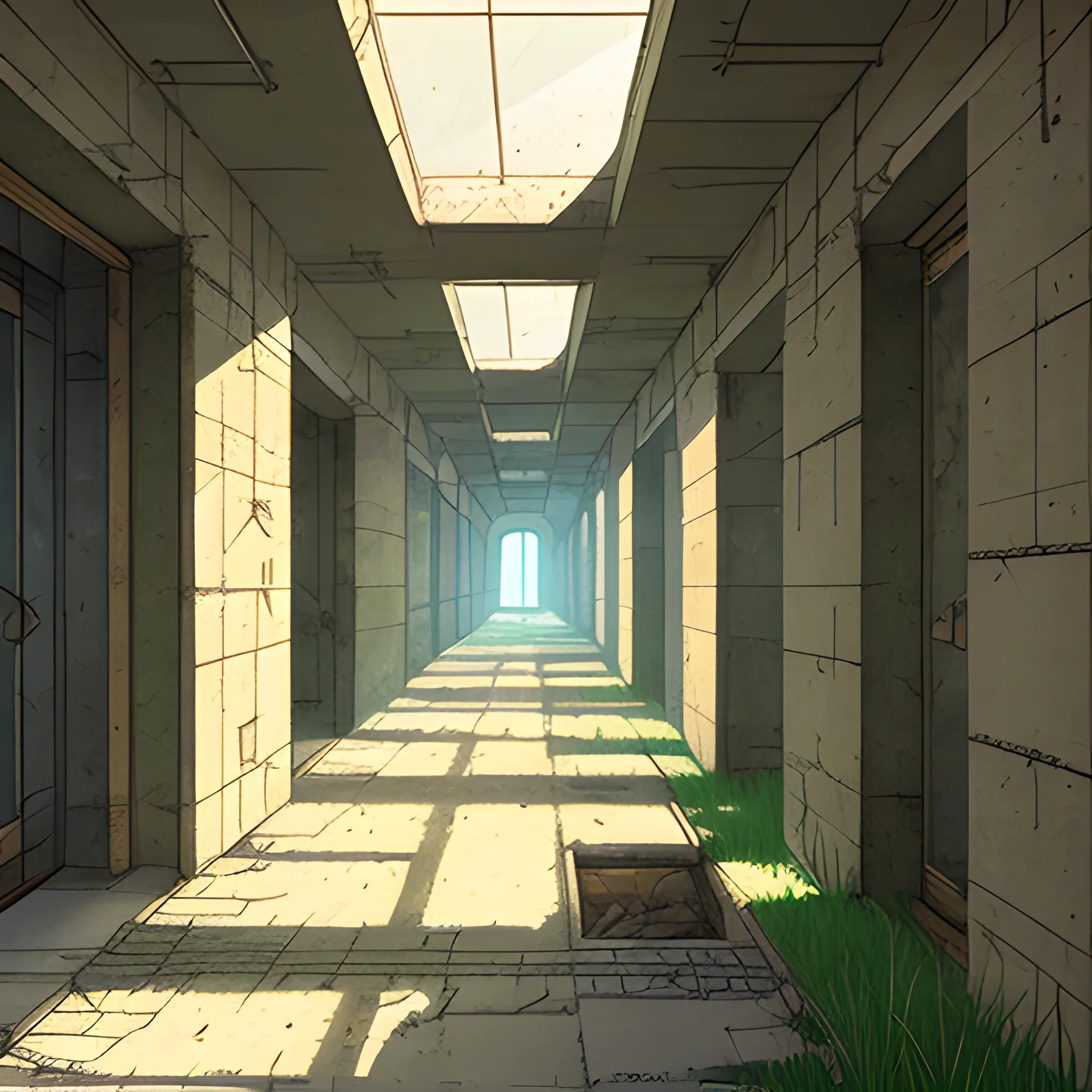 law angle view of corridor of an old building under construction with stones, grass and cobwebs... in the style of makoto shinkai, Cartoon