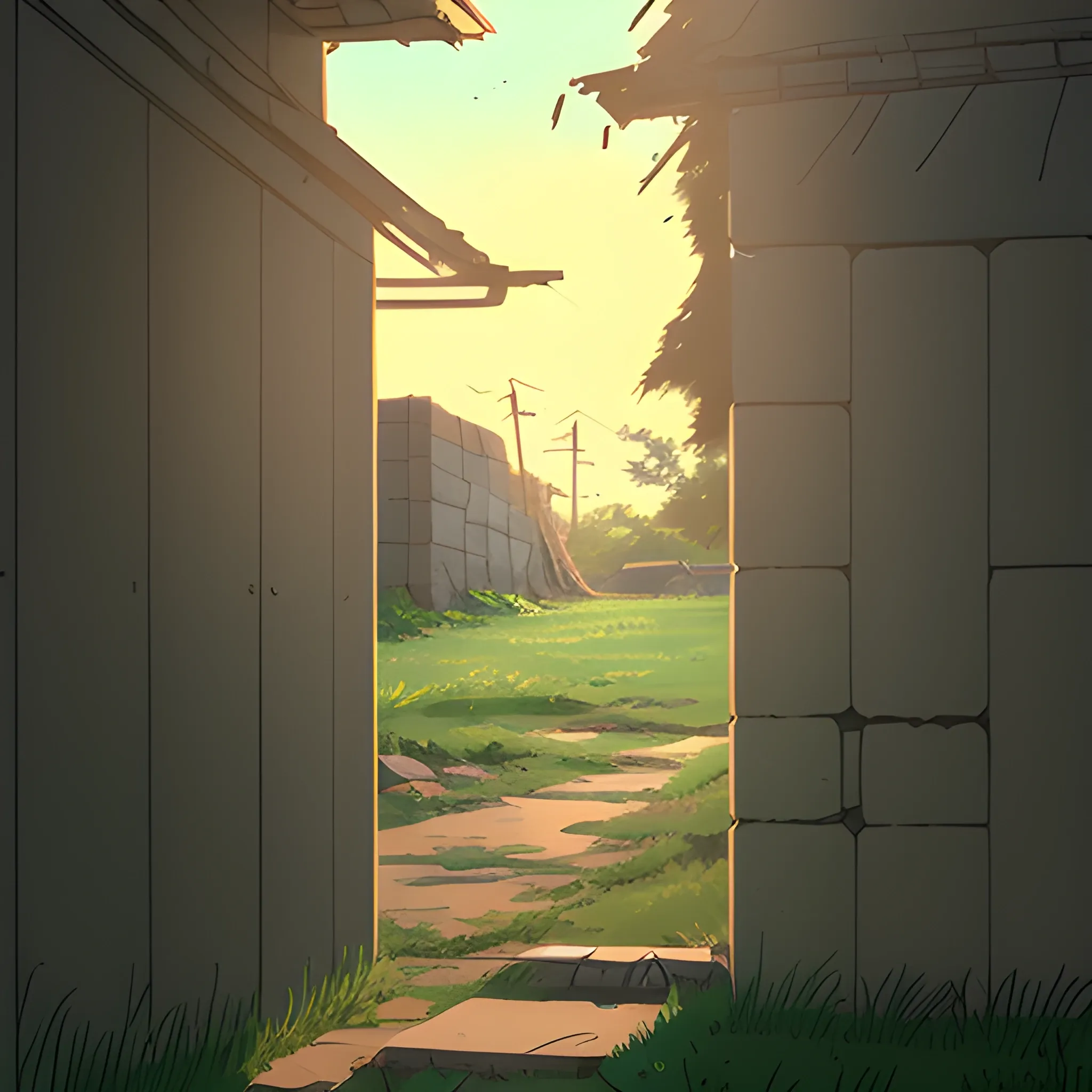 low angle view of an old dilapidated wall with glimmer of sun... in the style of makoto shinkai, Cartoon