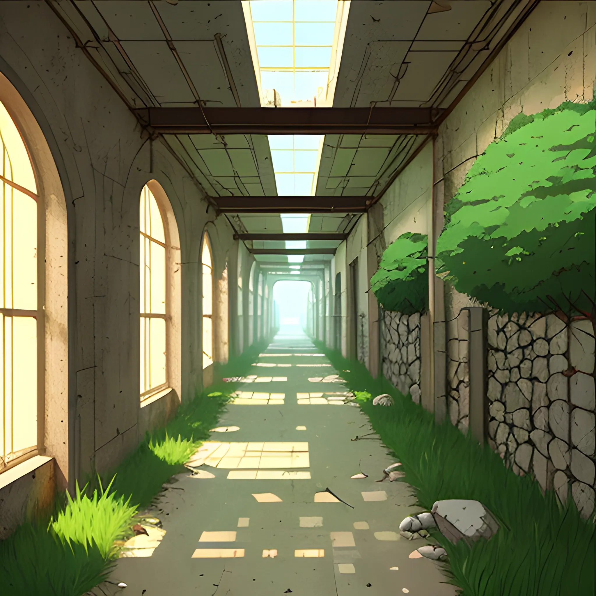 law angle view of corridor of an old building under construction with stones, grass and cobwebs... in the style of makoto shinkai, Cartoon