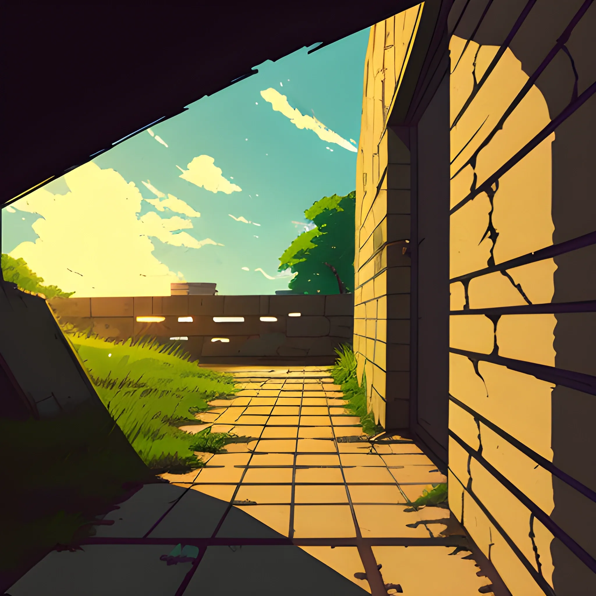 low angle view of an old dilapidated wall with glimmer of sun... in the style of makoto shinkai, Cartoon