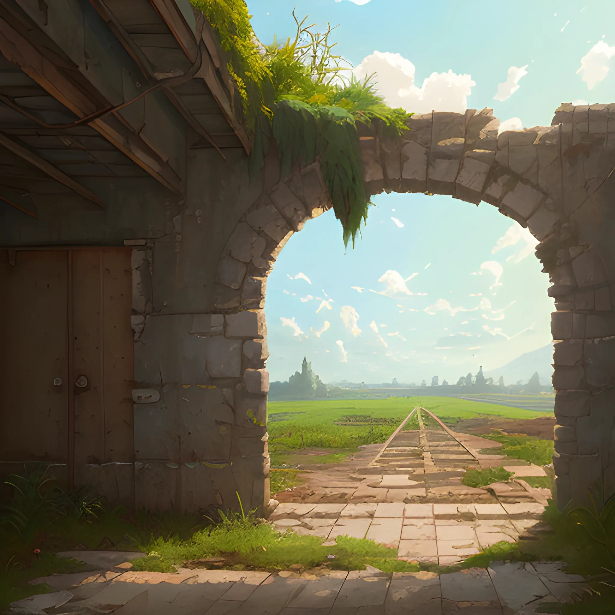 front of view of an old dilapidated wall... in the style of makoto shinkai and greg rutkowski and albert bierstadt and james gurney, Cartoon, Oil Painting