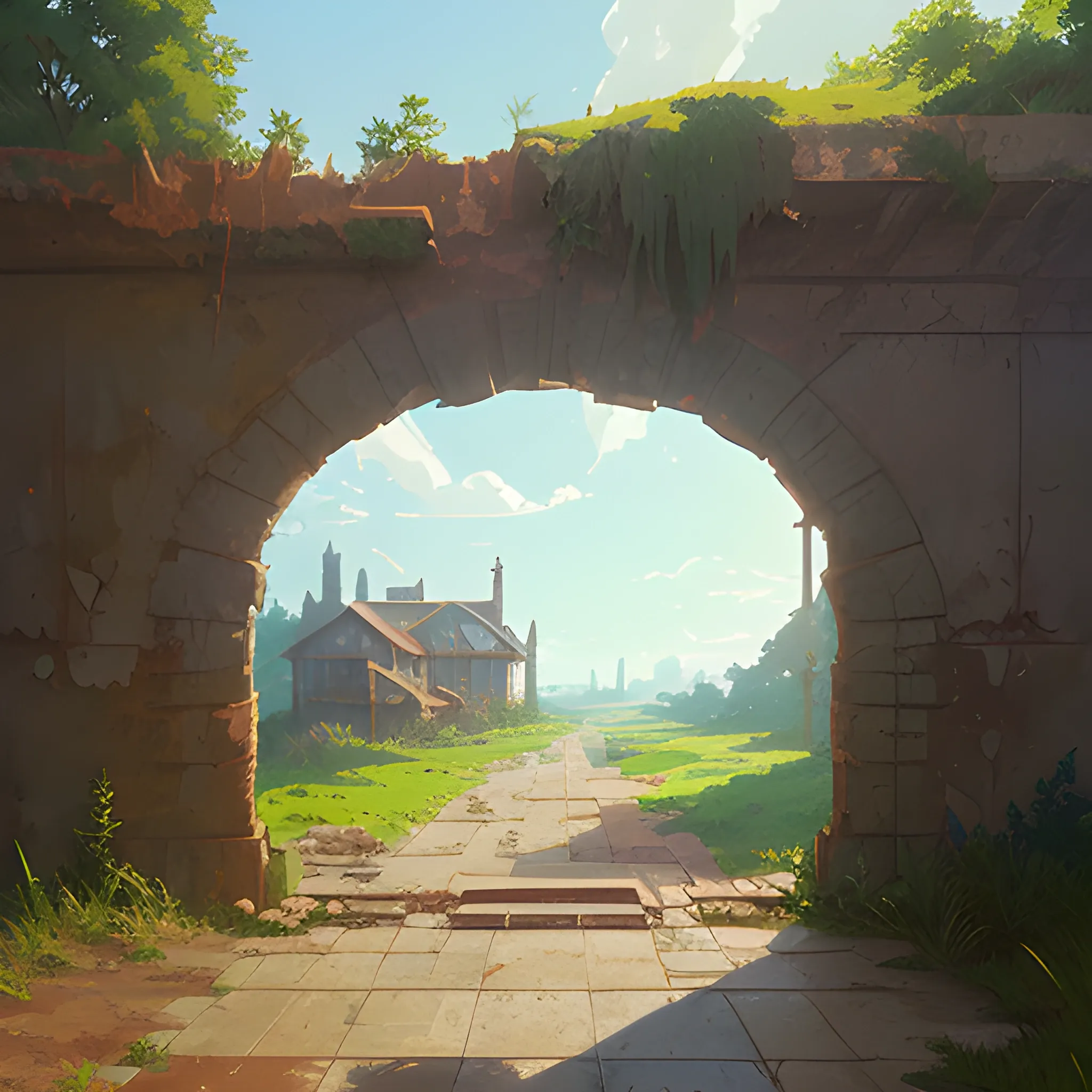 front of view of an old dilapidated wall... in the style of makoto shinkai and greg rutkowski and albert bierstadt and james gurney, Cartoon, Oil Painting