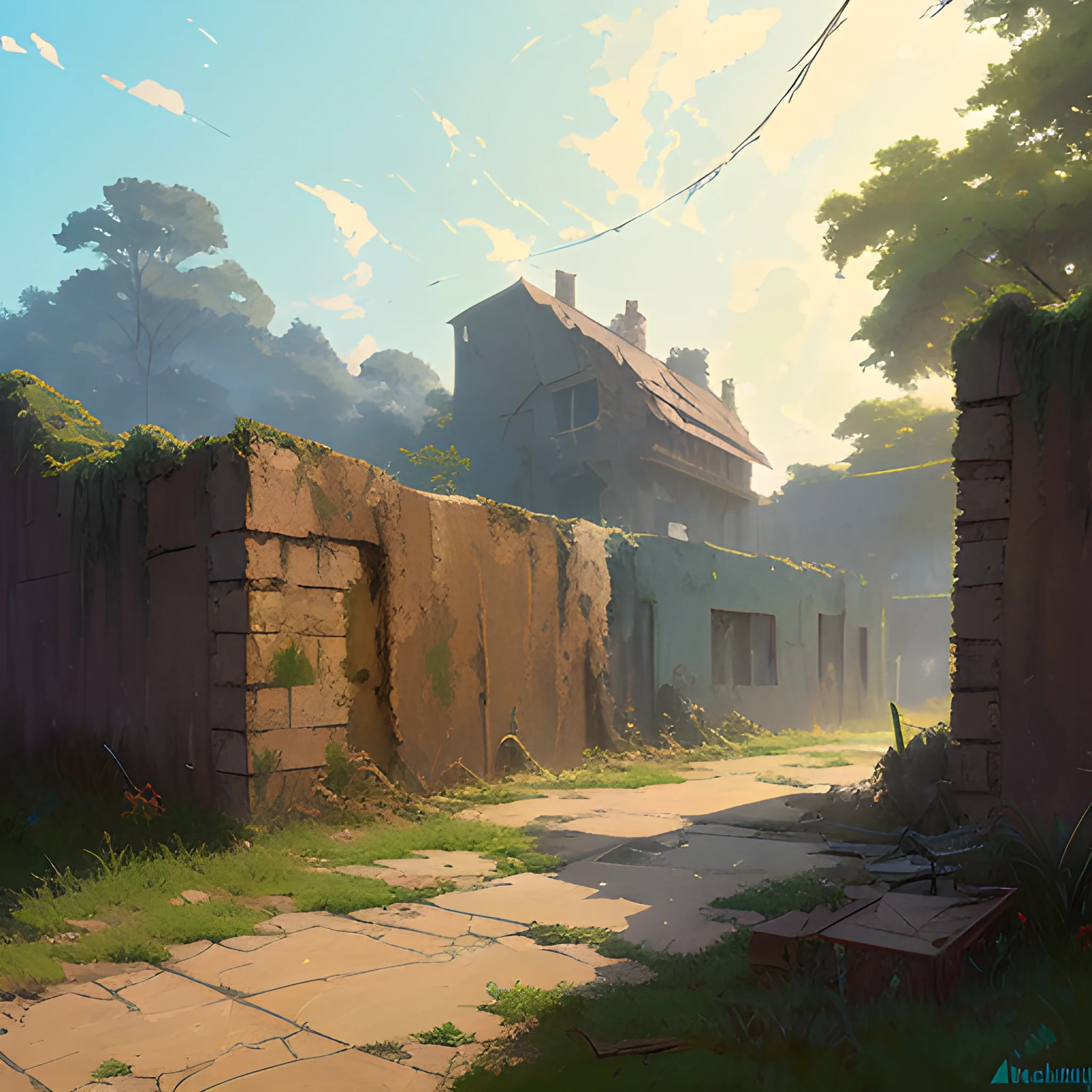 front of view of an old dilapidated wall... in the style of makoto shinkai and greg rutkowski and albert bierstadt and james gurney, Cartoon, Oil Painting