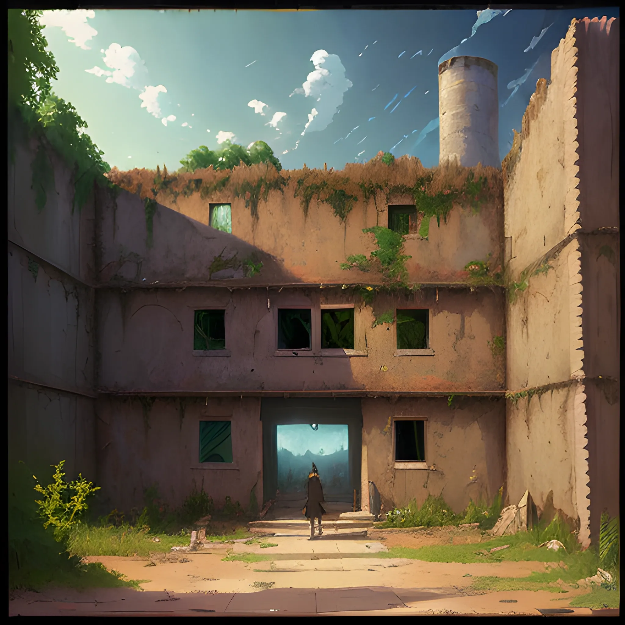 front of view of an old dilapidated wall... in the style of makoto shinkai and greg rutkowski and albert bierstadt and james gurney, Cartoon, Oil Painting