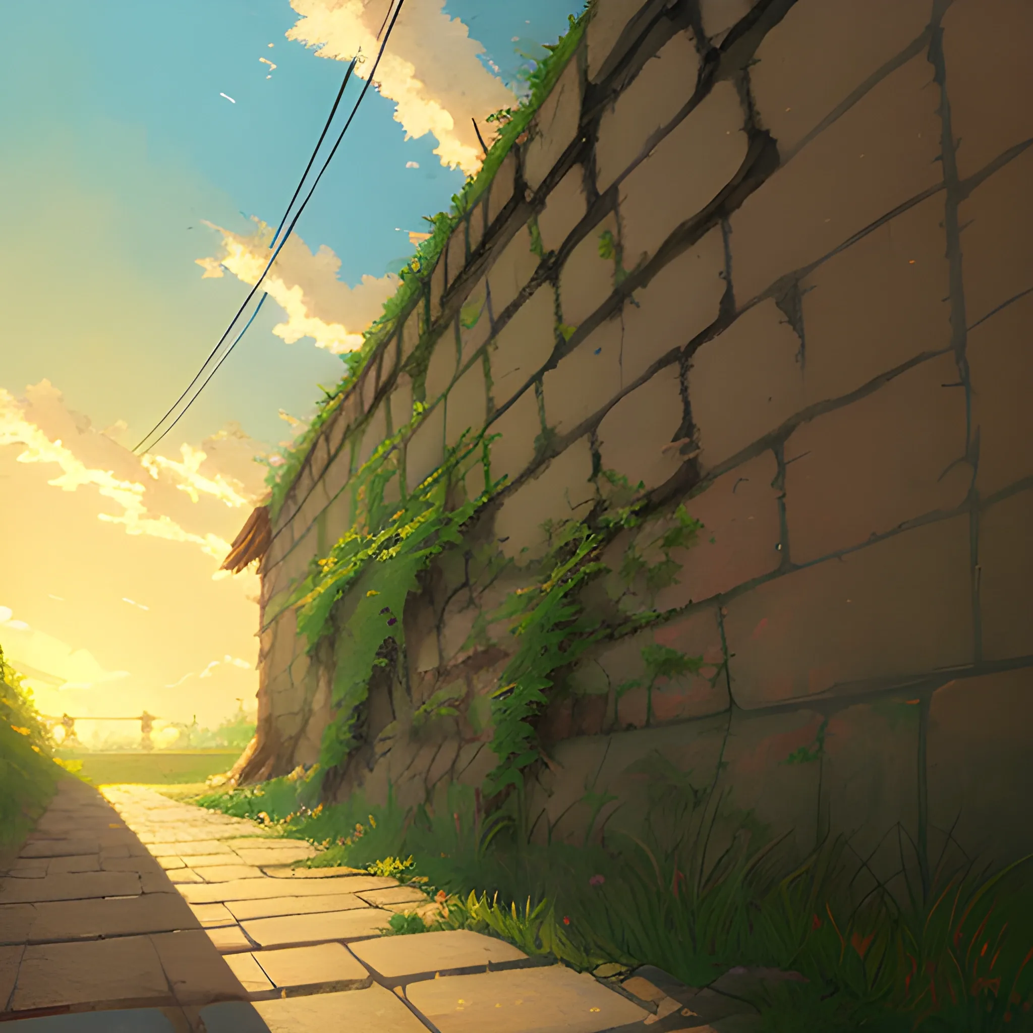 low angle view of an old dilapidated wall with glimmer of sun... in the style of makoto shinkai, Oil Painting