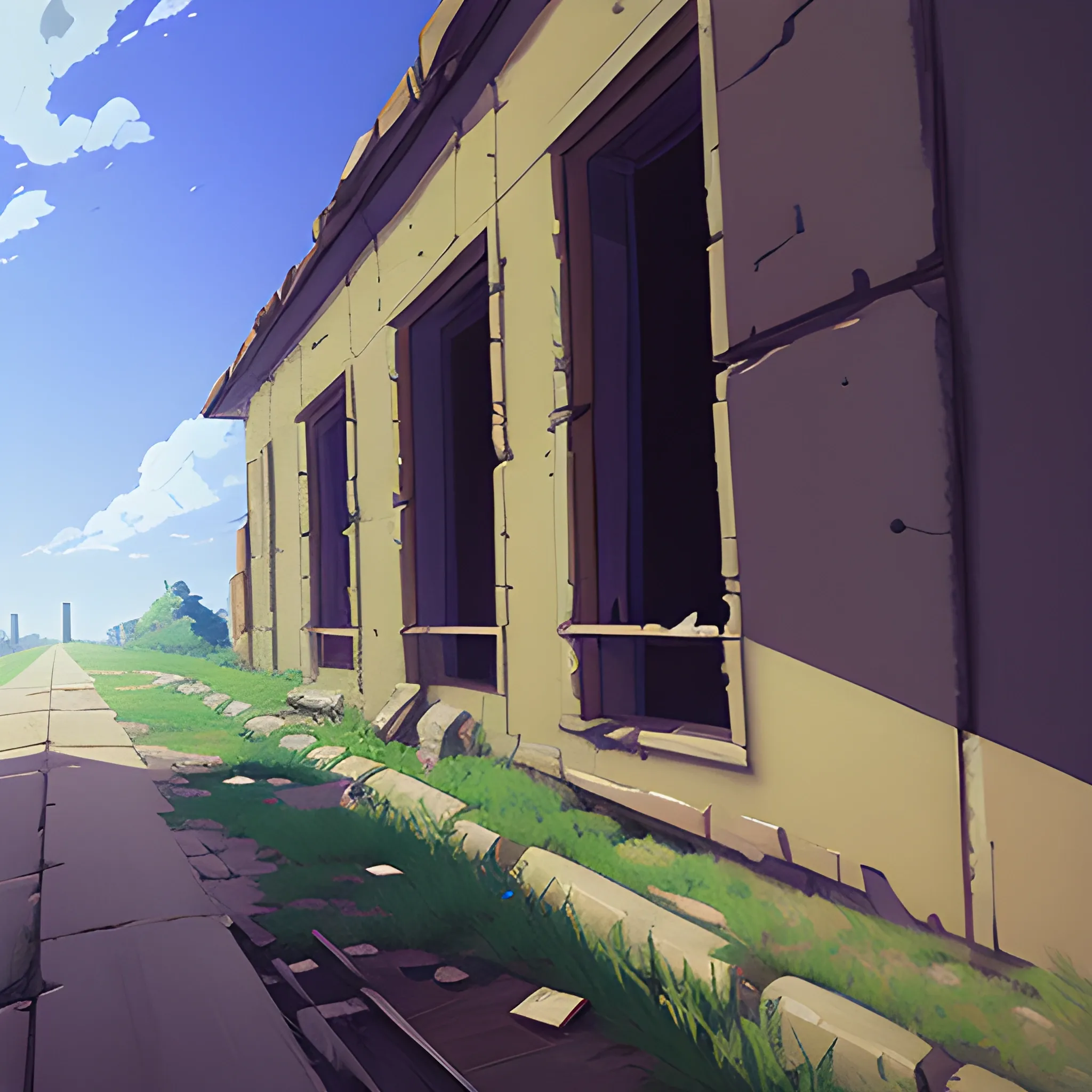 low angle view of an old dilapidated wall... in the style of makoto shinkai, Oil Painting