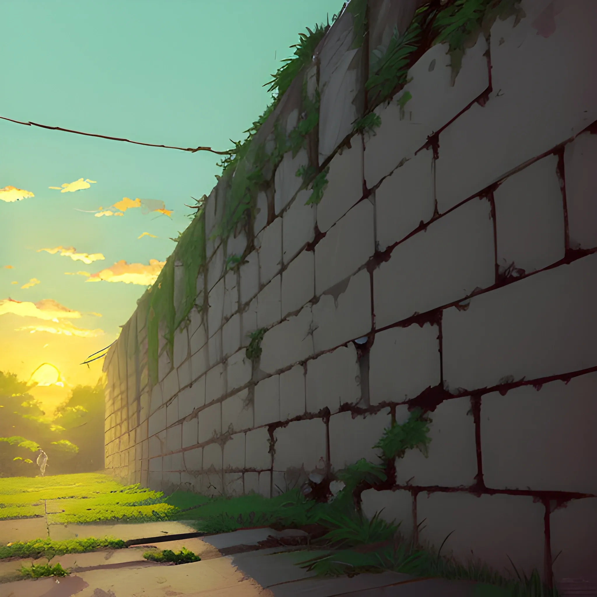 low angle view of an old dilapidated wall with glimmer of sun... in the style of makoto shinkai, Oil Painting