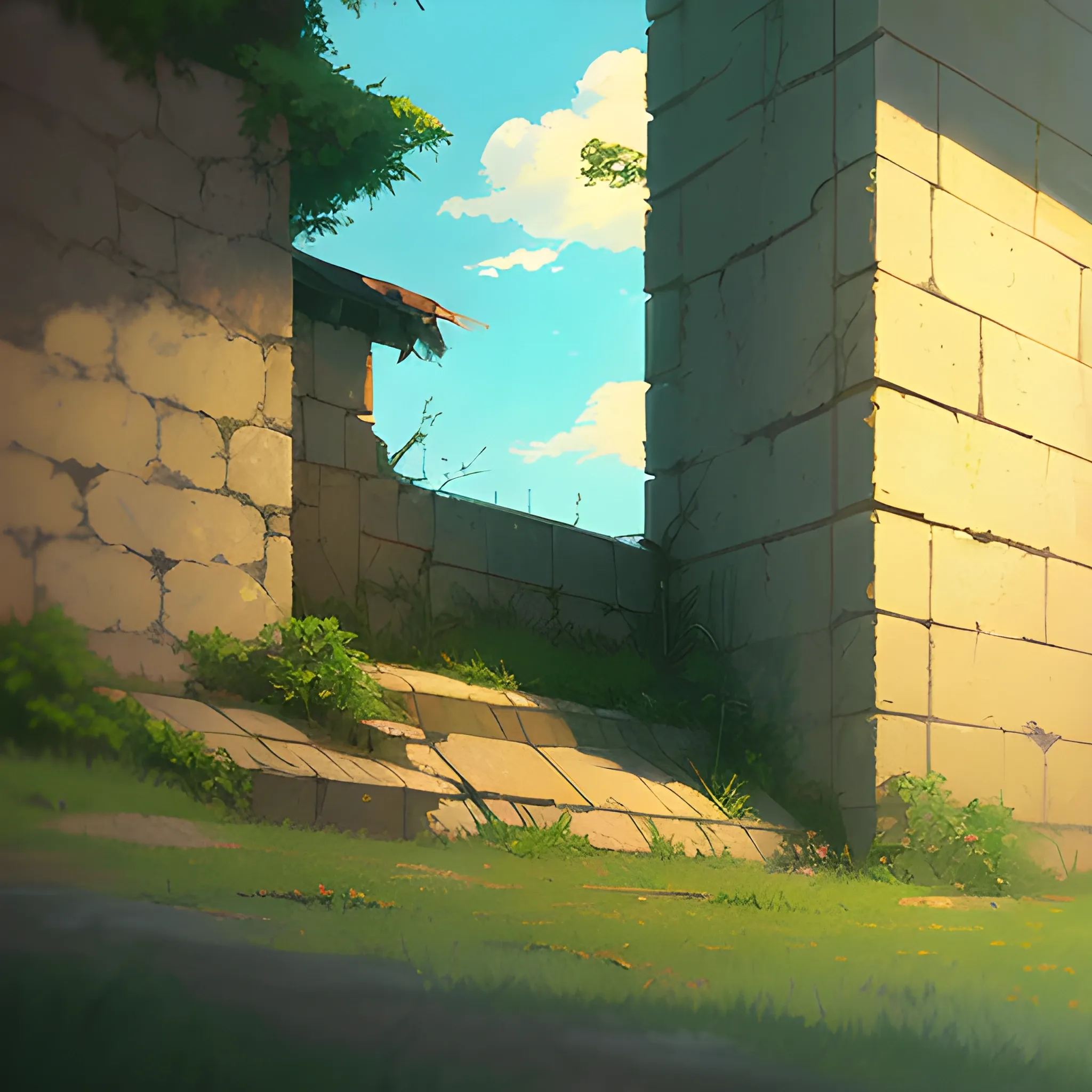 low angle view of an old dilapidated wall with glimmer of sun... in the style of makoto shinkai, Oil Painting