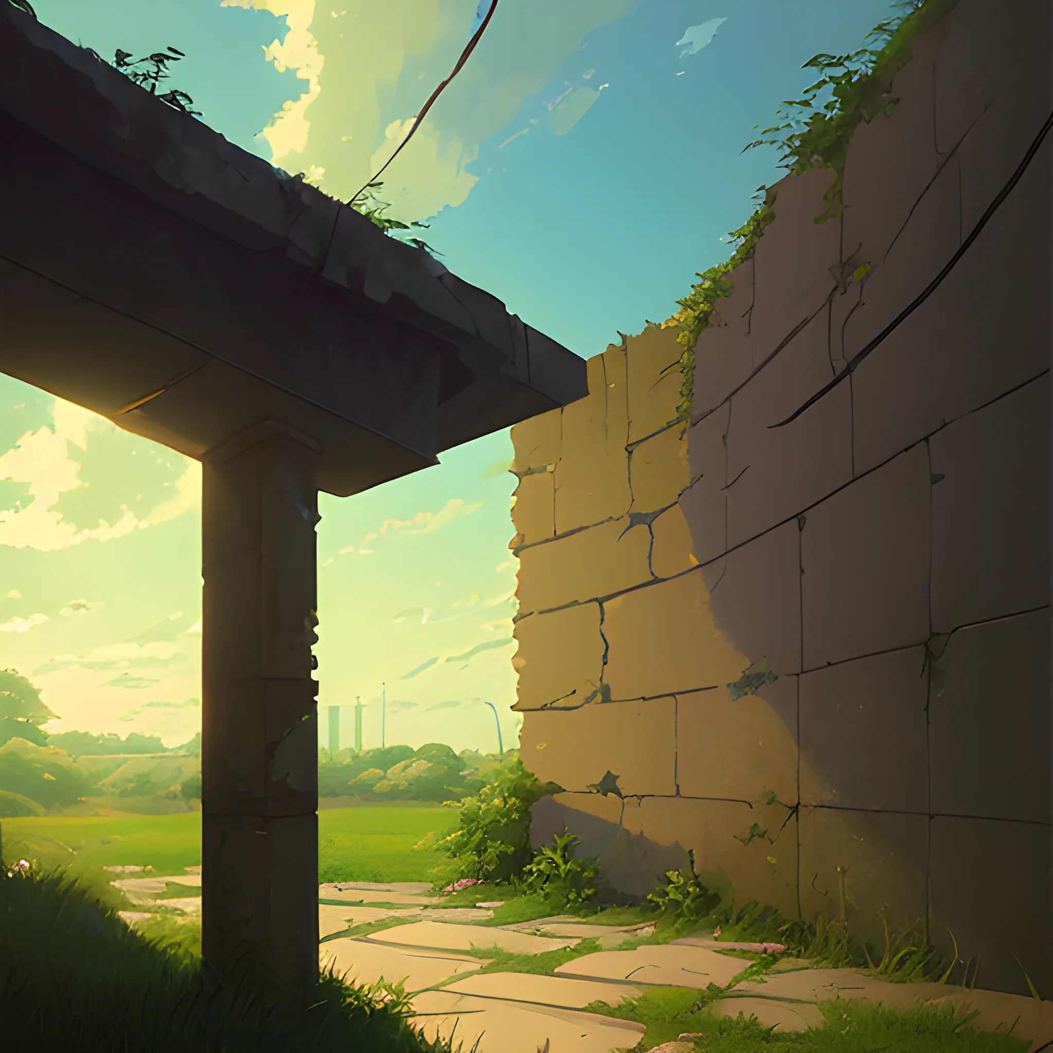 low angle view of an old dilapidated wall with glimmer of sun... in the style of makoto shinkai, Oil Painting