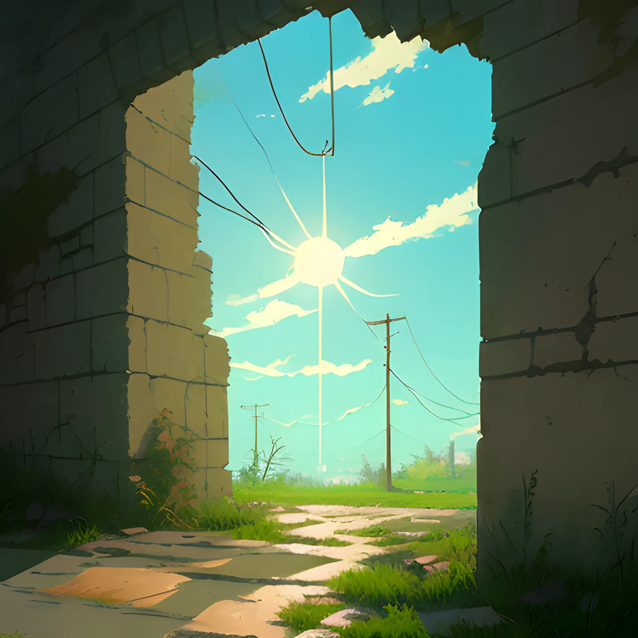 low angle view of an old dilapidated wall with glimmer of sun... in the style of makoto shinkai, Oil Painting