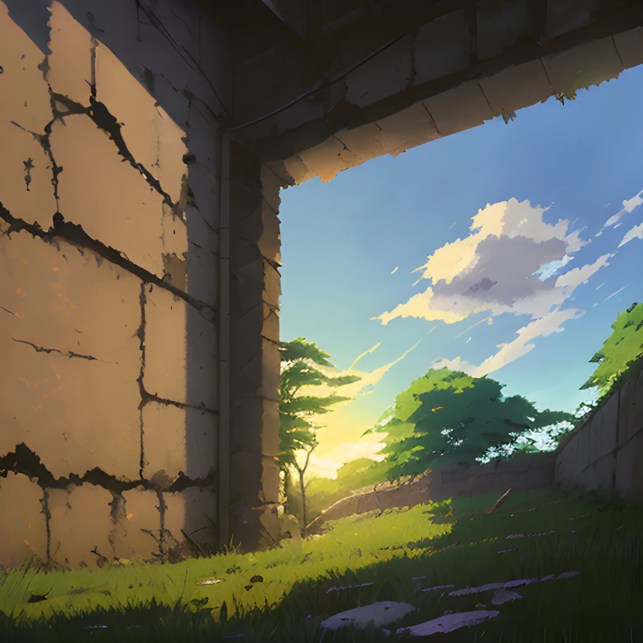 low angle view of an old dilapidated wall with glimmer of sun... in the style of makoto shinkai, Oil Painting