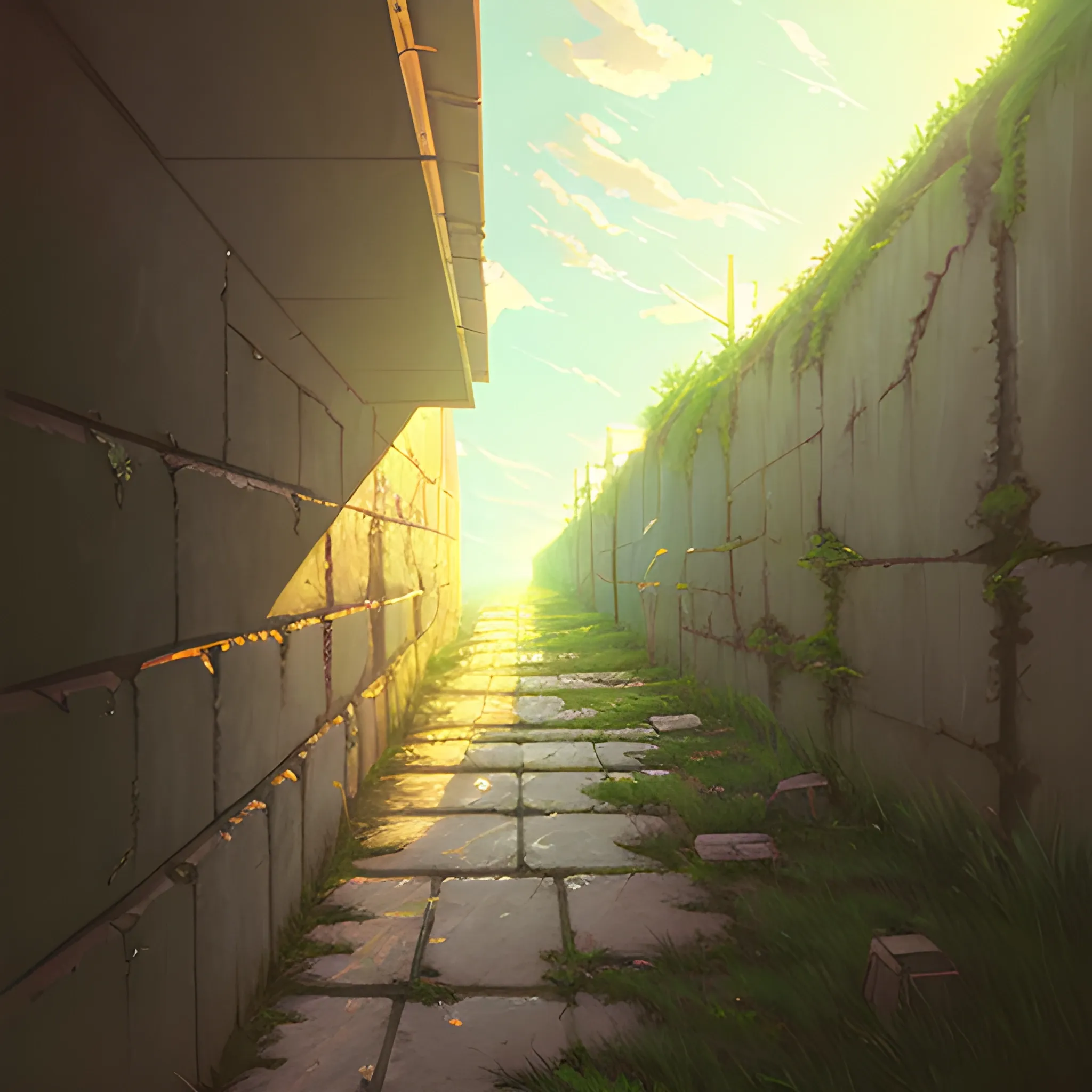 low angle view of an old dilapidated wall with glimmer of sun... in the style of makoto shinkai, Oil Painting