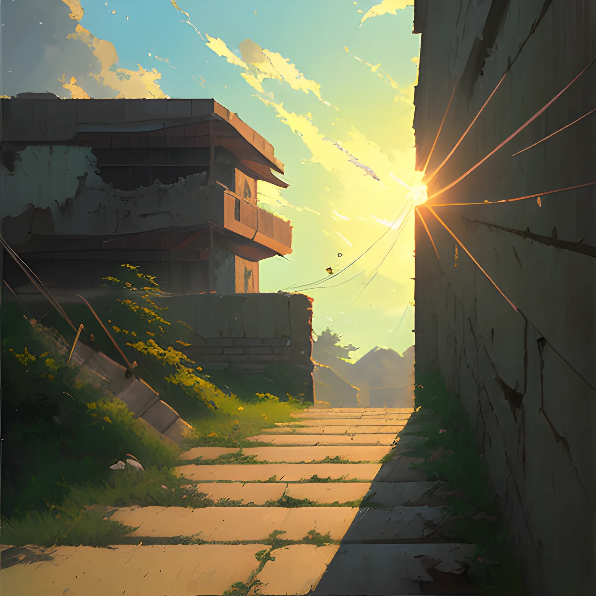 low angle view of an old dilapidated wall with glimmer of sun... in the style of makoto shinkai, Oil Painting