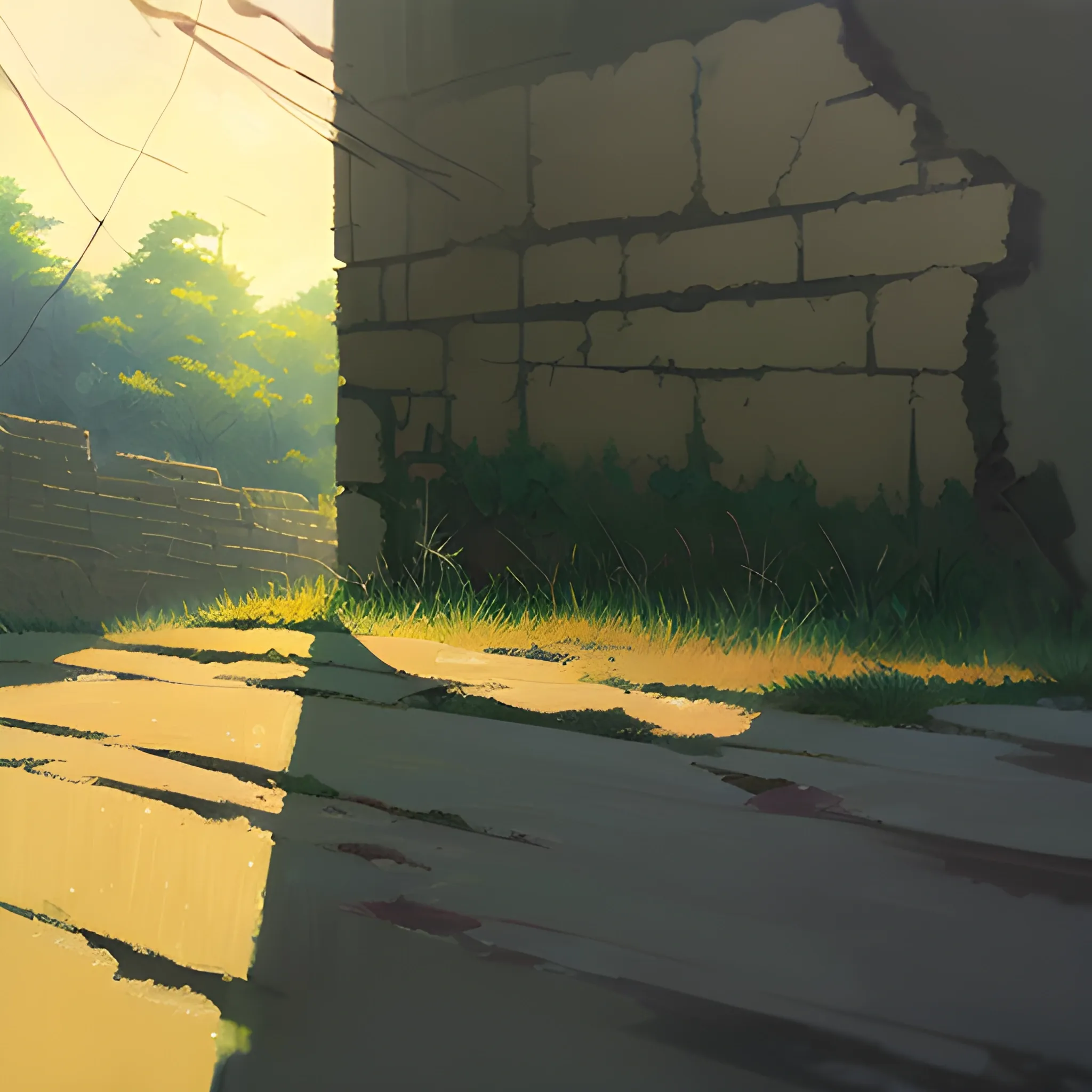 low angle view of an old dilapidated wall with glimmer of sun... in the style of makoto shinkai, Oil Painting