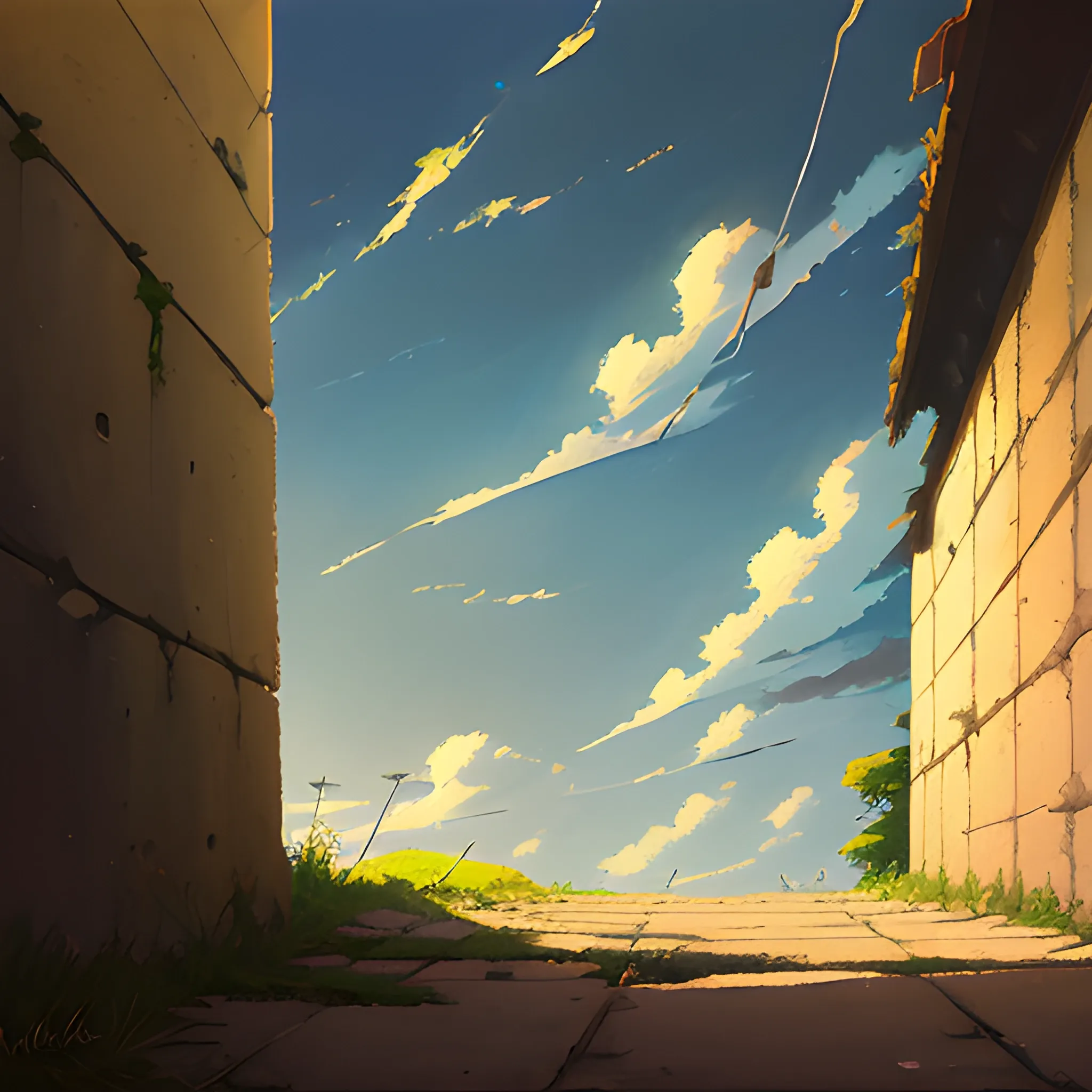 low angle view of an old dilapidated wall with glimmer of sun... in the style of makoto shinkai, Oil Painting