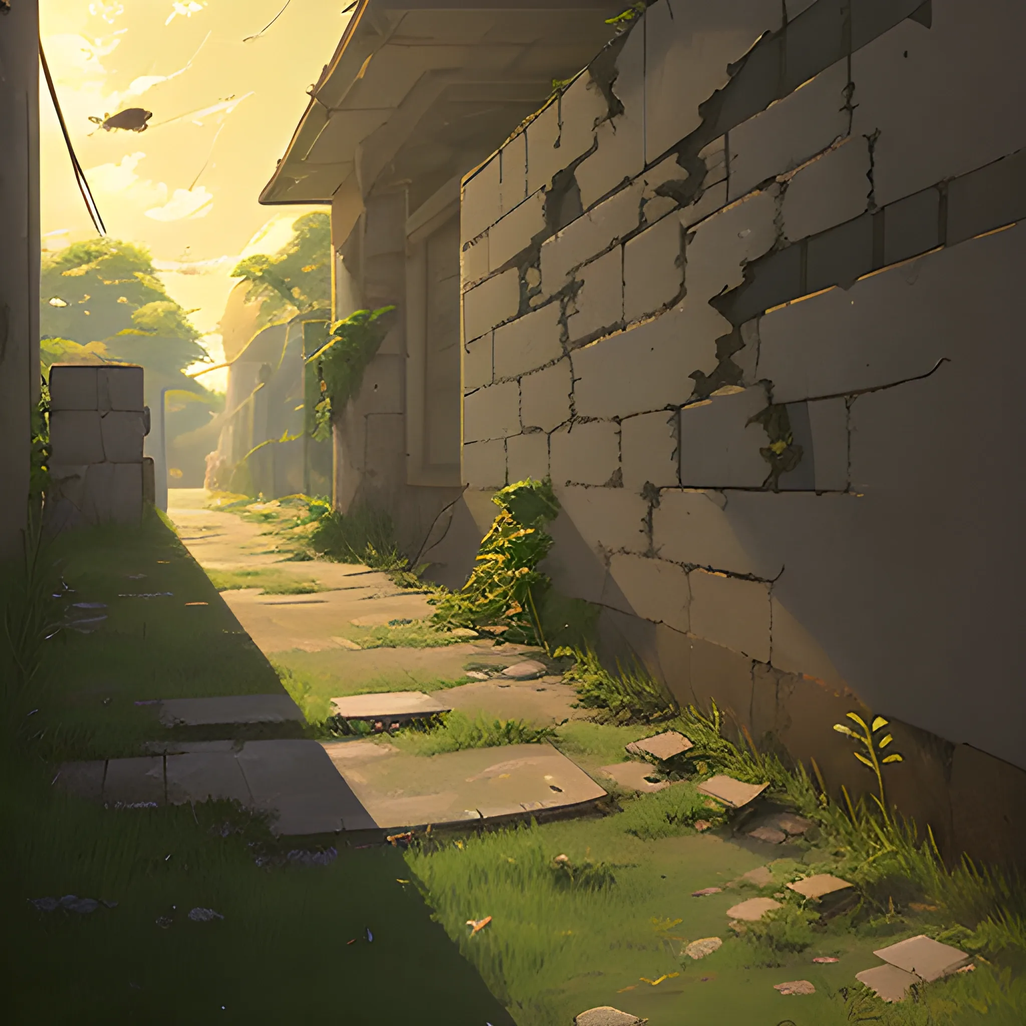 low angle view of an old dilapidated wall with glimmer of sun... in the style of makoto shinkai, Oil Painting