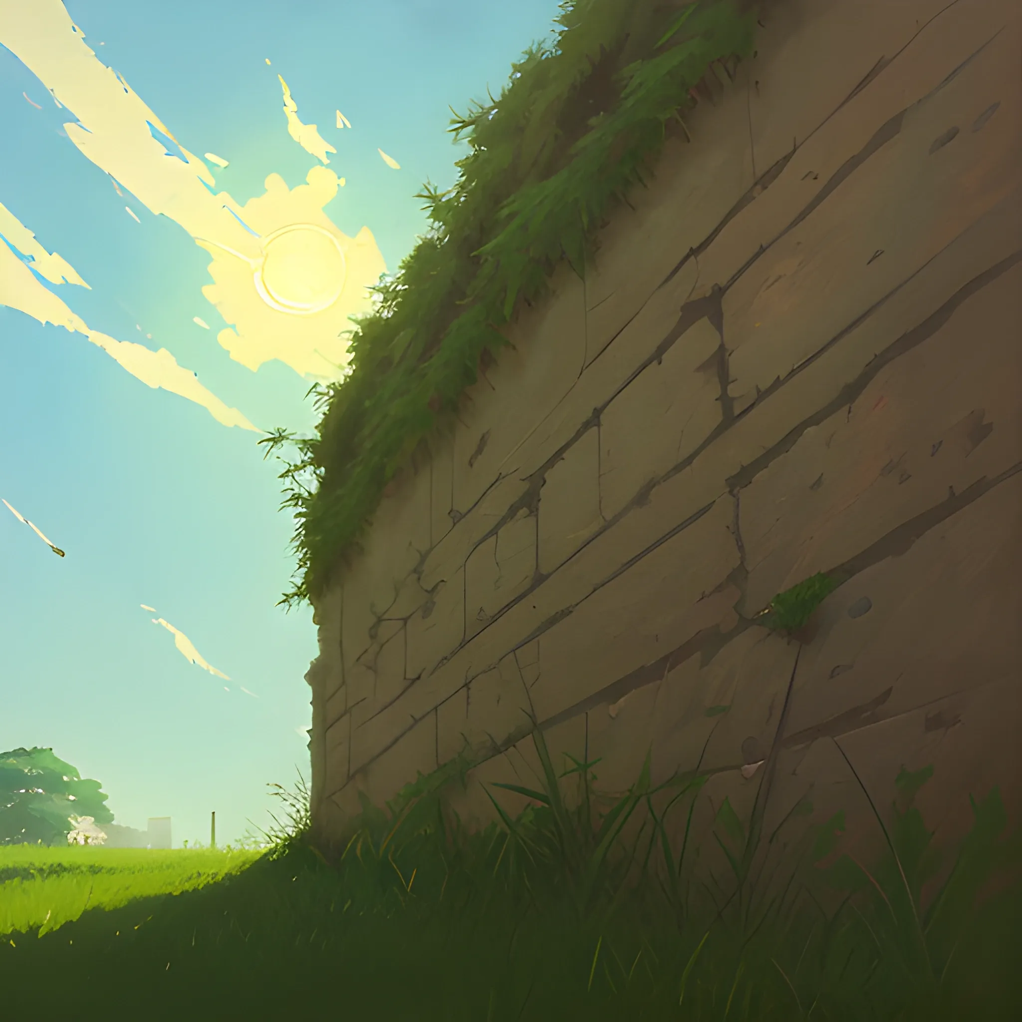 low angle view of an old dilapidated wall with glimmer of sun... in the style of makoto shinkai, Oil Painting