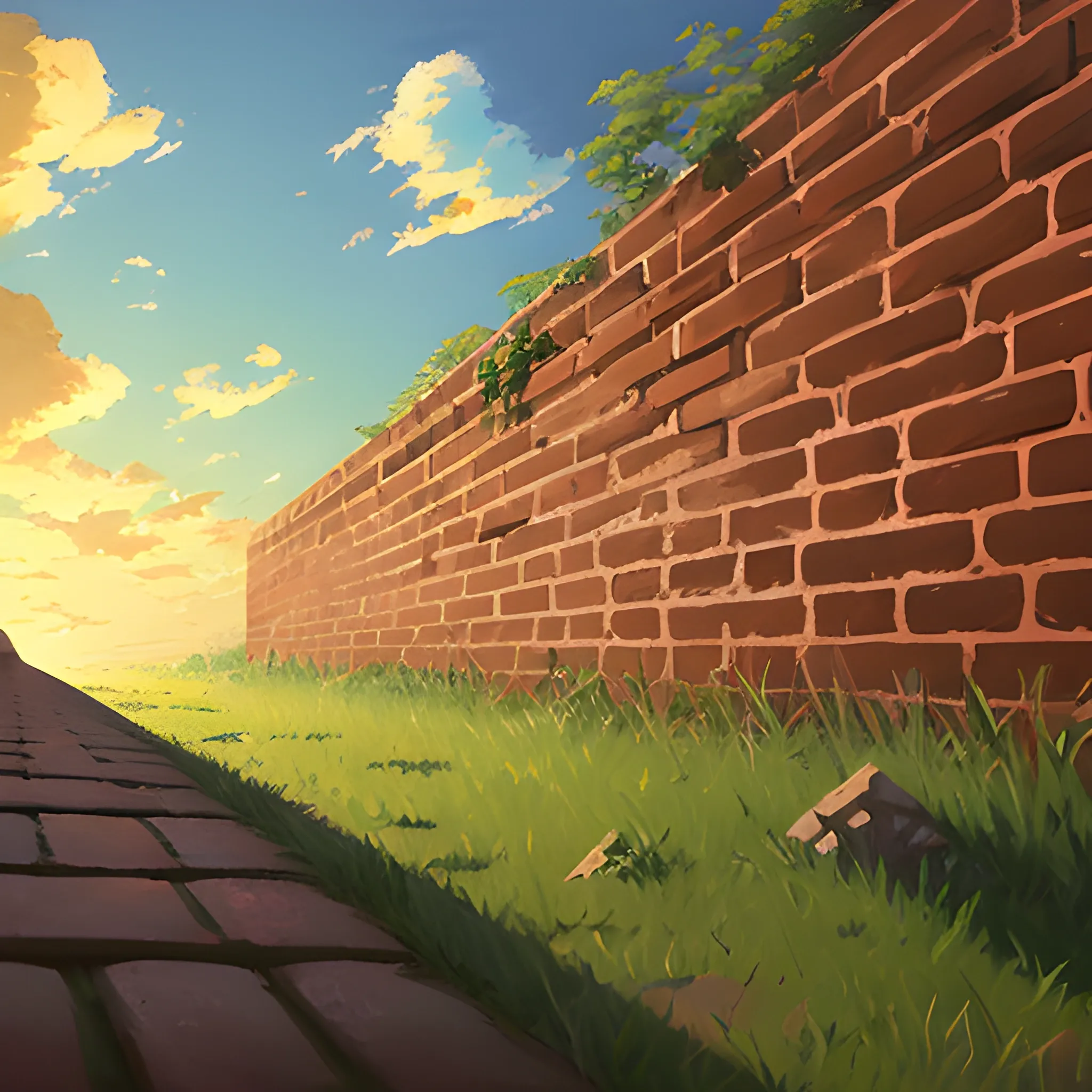 low angle view of an old brick wall with glimmer of sun... in the style of makoto shinkai, Oil Painting