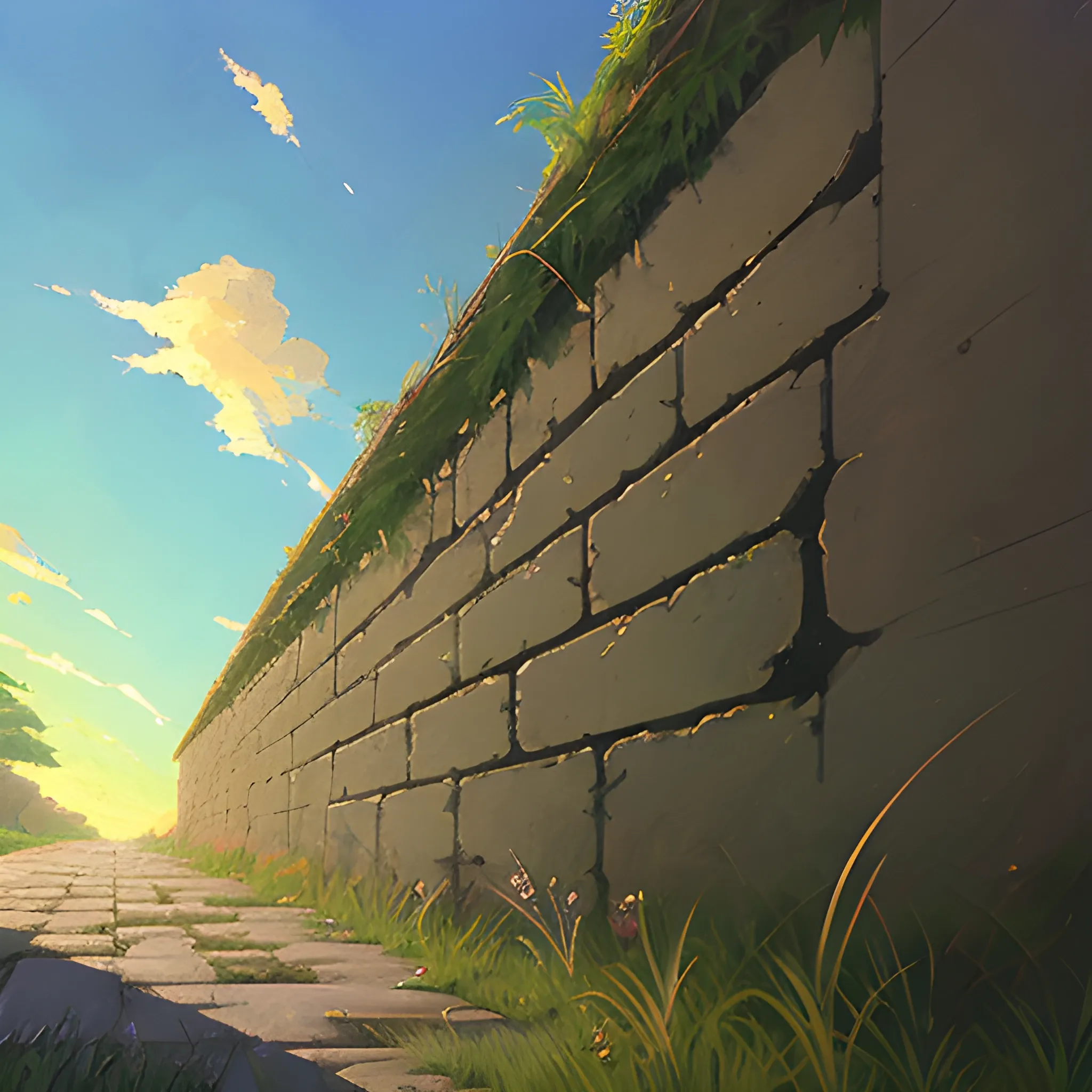 low angle view of an old dilapidated wall with glimmer of sun... in the style of makoto shinkai, Oil Painting