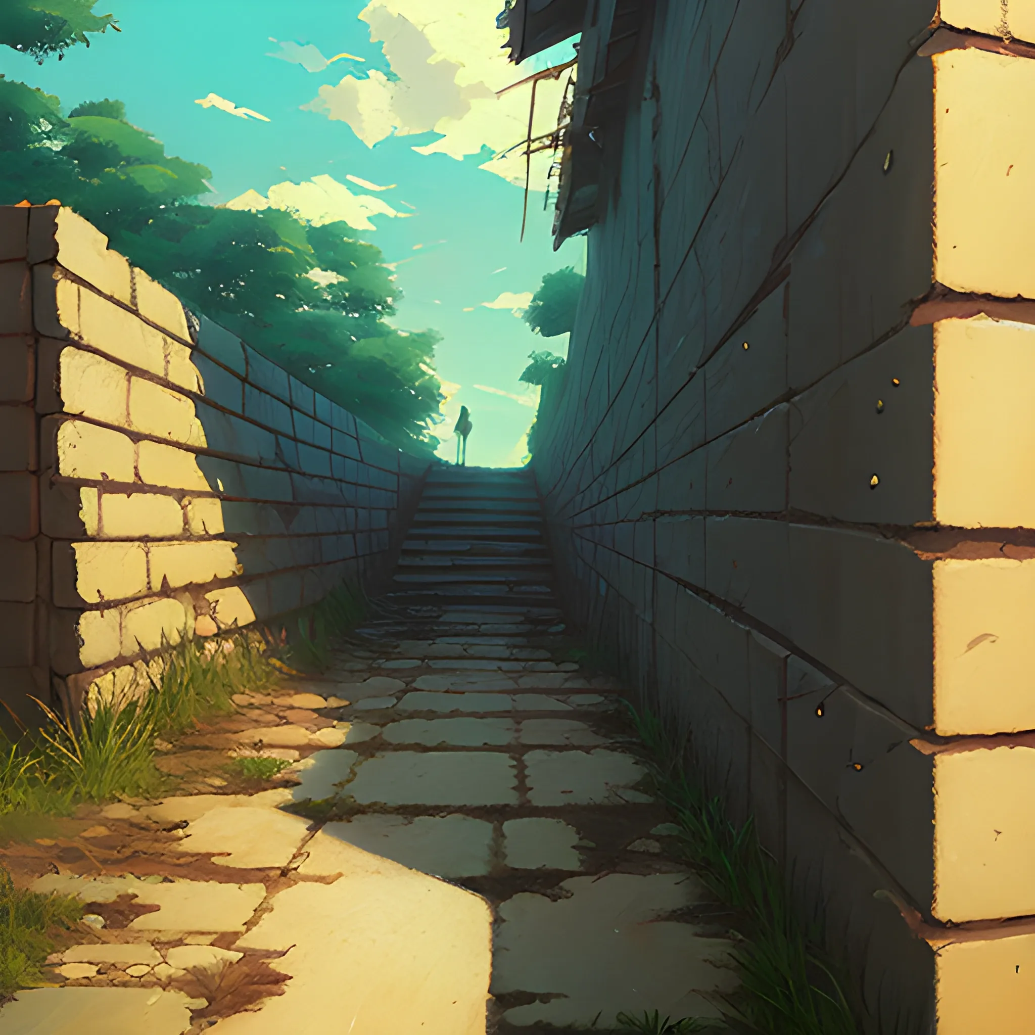 low angle view of an old dilapidated wall with glimmer of sun... in the style of makoto shinkai, Oil Painting