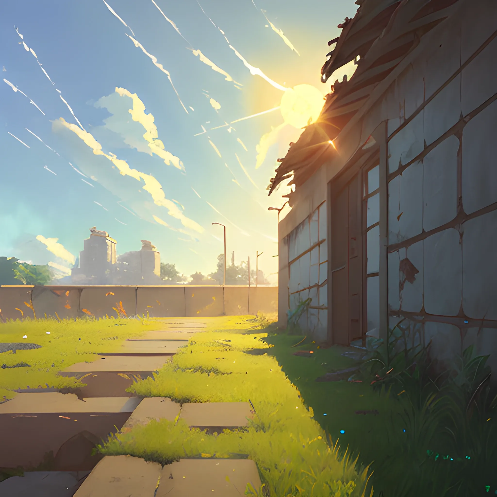 low angle view of an old dilapidated wall with glimmer of sun... in the style of makoto shinkai, Oil Painting