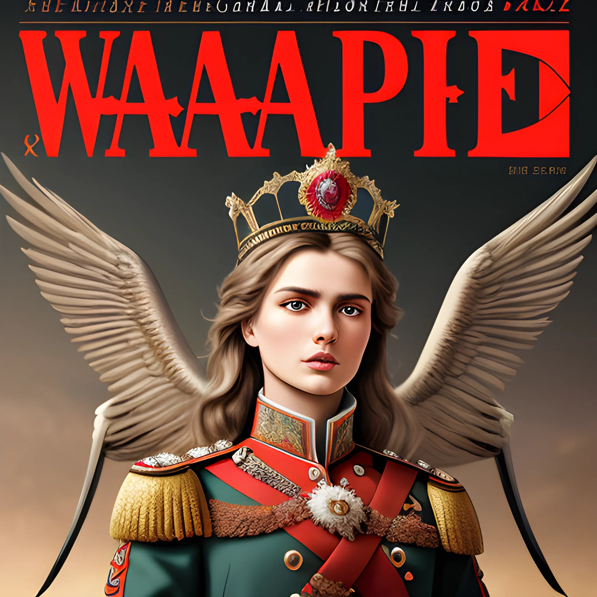 "War and Peace" magazine cover, Rich colors, intense sharp, 8K. 3d render. masterpiece, perfect anatomy, 32k UHD resolution, best quality, highly details, realistic photo, professional photography,
emblem, eagle, crown.