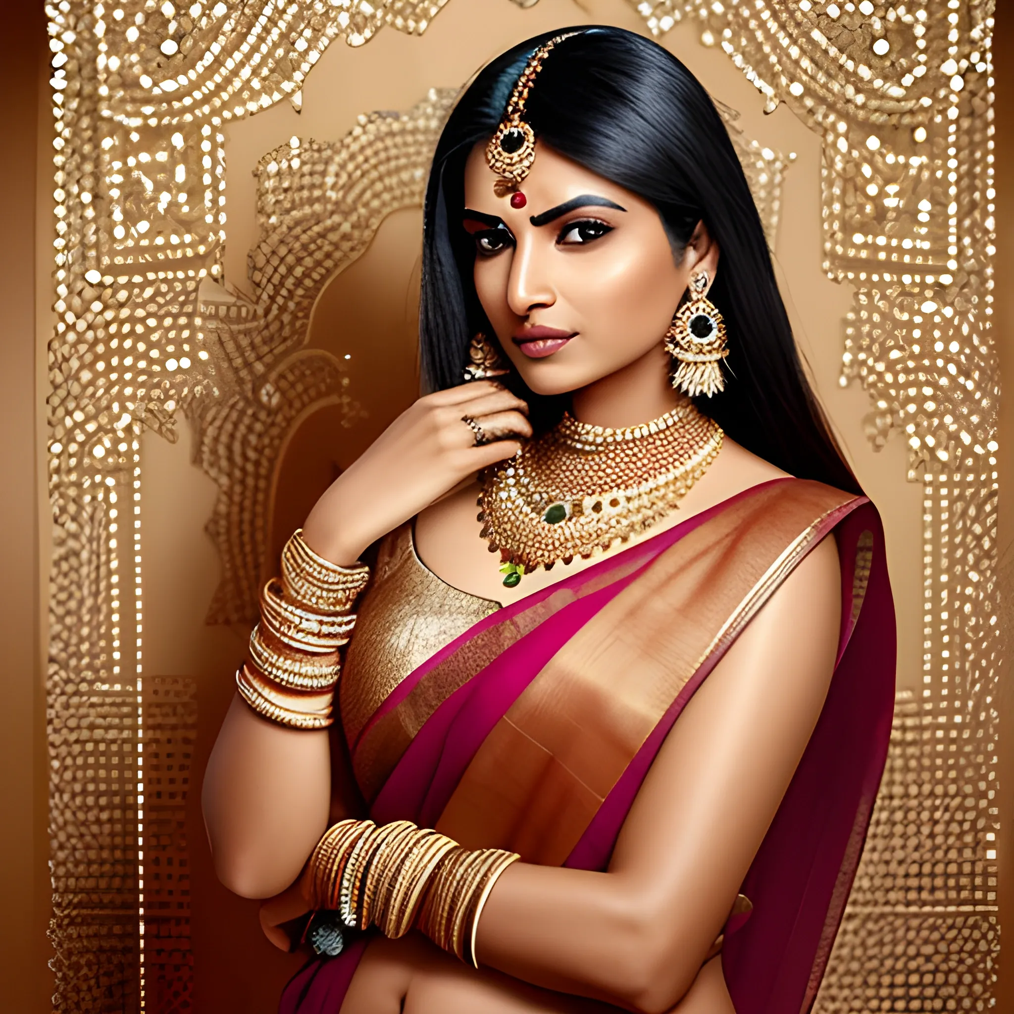 Indian Woman wearing jewelry in strategic areas, adding a touch of glamour and elegance to the image