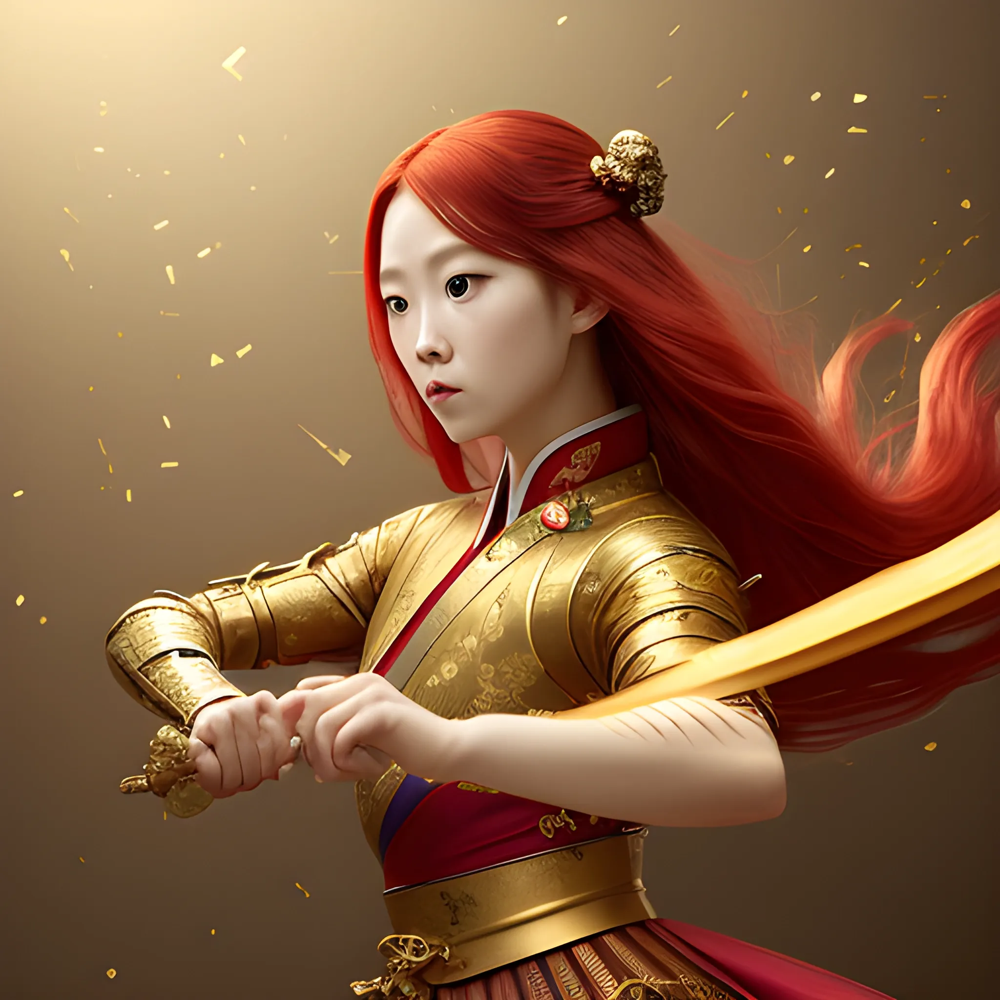 looking at viewer, woman, cinematic photo Hanfu photography, cinematic angle, fisheye, dynamic perspective, intricate details, wide angle, cinematic lighting, motion blur, upper body, long red hair, A woman is entirely composed of broken gold metal, holding sword, A Chinese woman is practicing martial arts,The gold shattered metal, gold shattered metal streams, and gold shattered metal patterns suspended in the air are clearly visible, Floating gold shattered metal, gold shattered metal magic, casting spells,