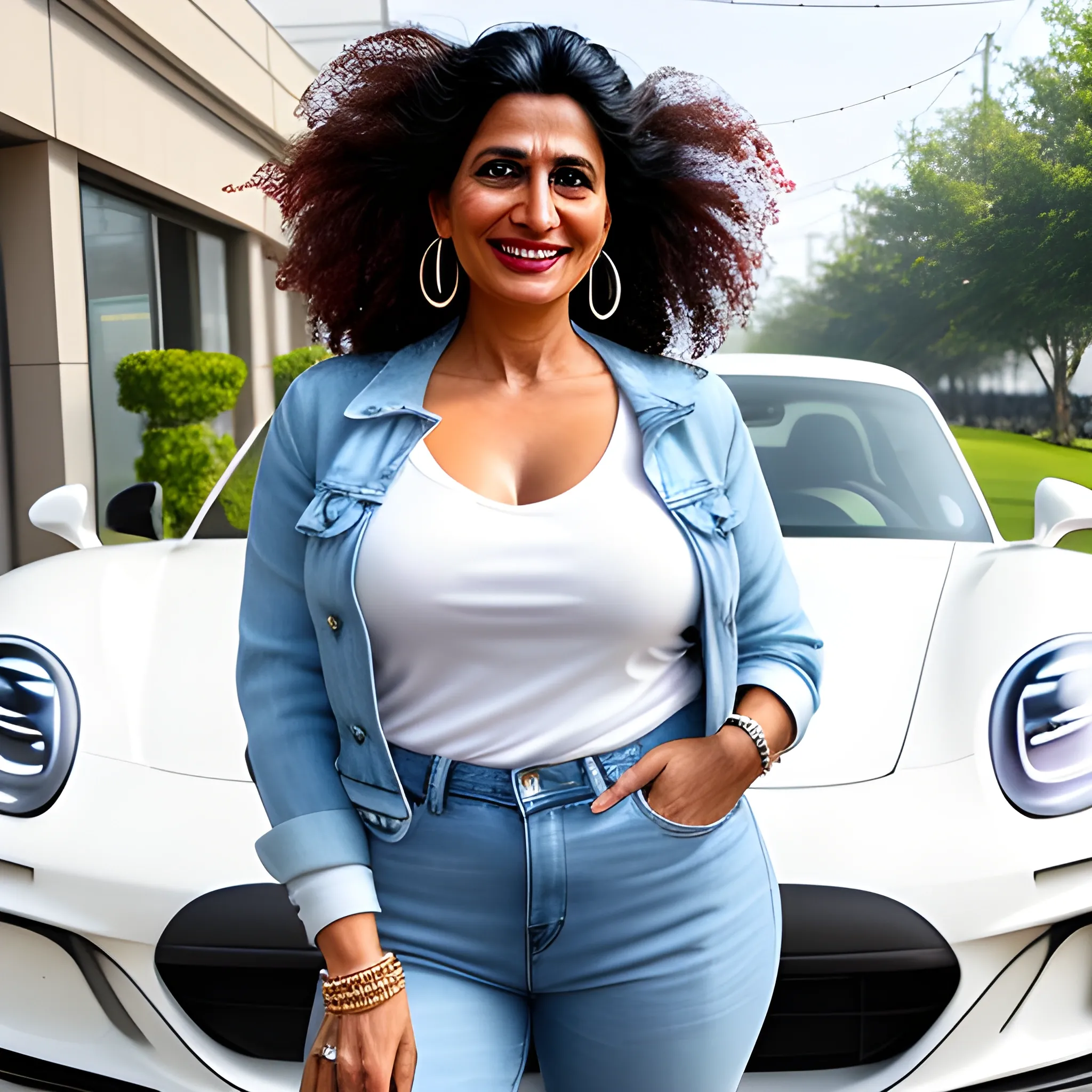 Portrait of a cheerful 44-year-old Indian woman with smiling warmly at the camera, her wavy hair cascading to her shoulders, dressed in a white T-shirt under a denim jacket, complemented by high-waisted jeans, small earrings, and a simple bracelet, setting drive seat of Porsche taycan 4s