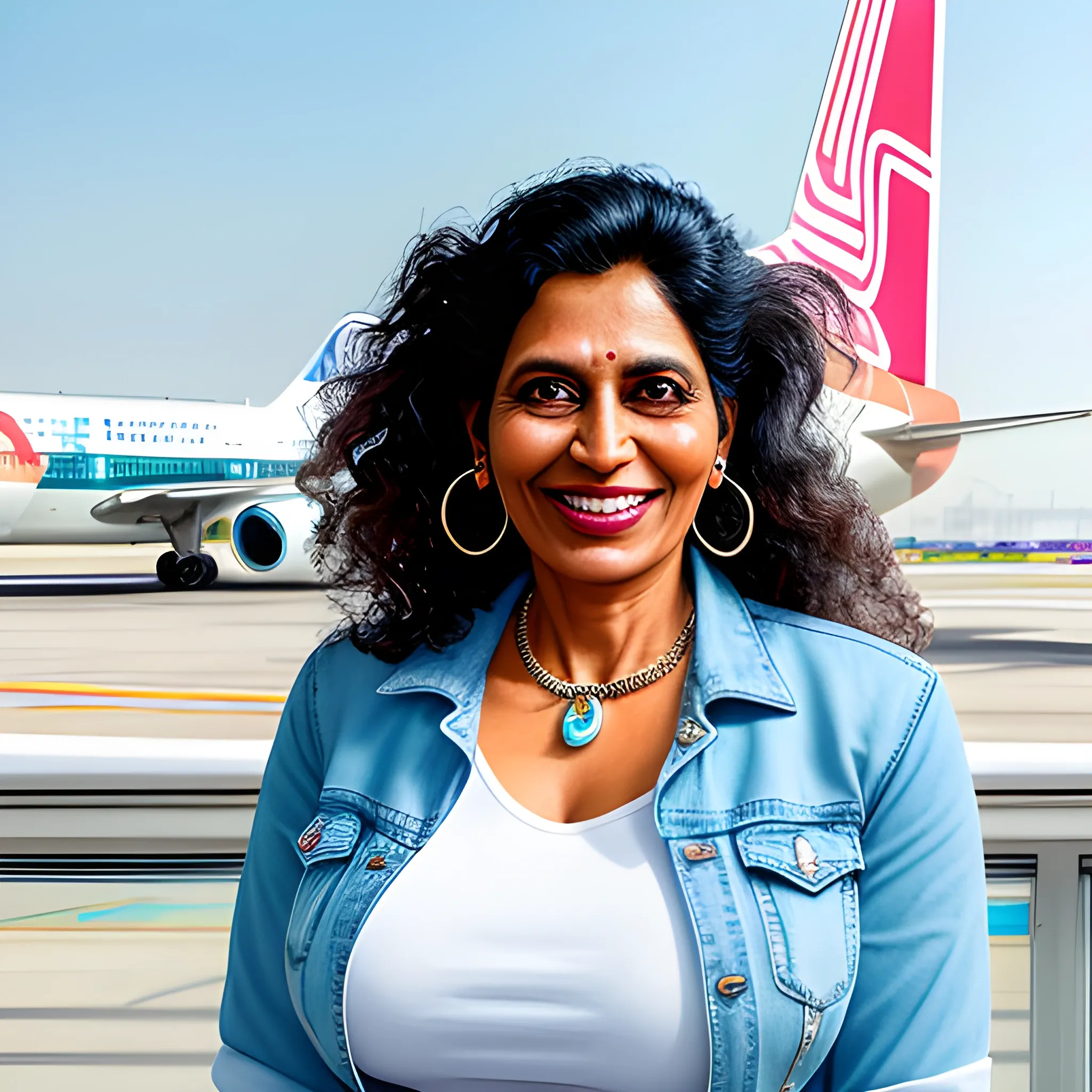 Portrait of a cheerful 44-year-old Indian woman with smiling warmly at the camera, her wavy hair cascading to her shoulders, dressed in a white T-shirt under a denim jacket, complemented by high-waisted jeans, small earrings, and a simple bracelet, set against the dynamic backdrop of an airport terminal with large windows offering a view of aircraft taking off on the runway, travelers with lug