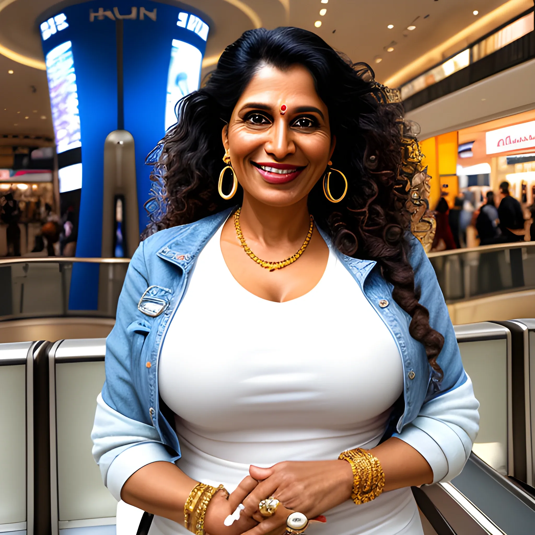 Portrait of a cheerful 44-year-old Indian woman with smiling warmly at the camera, her wavy hair cascading to her shoulders, dressed in a white T-shirt under a denim jacket, complemented by high-waisted jeans, small earrings, and a simple bracelet, set against the dynamic backdrop of an the mall escalator,