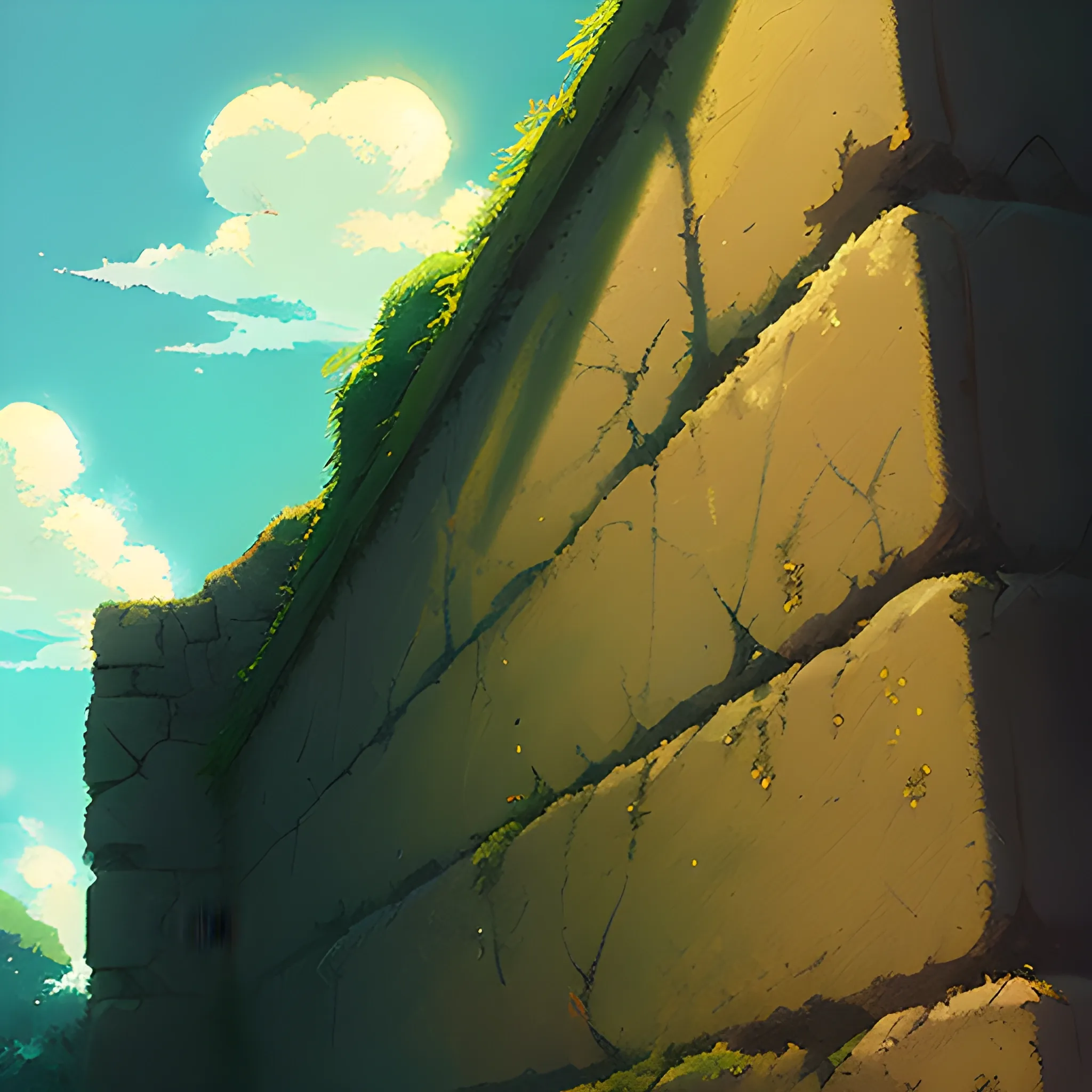 low angle view of an old dilapidated wall with glimmer of sun... in the style of makoto shinkai, Oil Painting