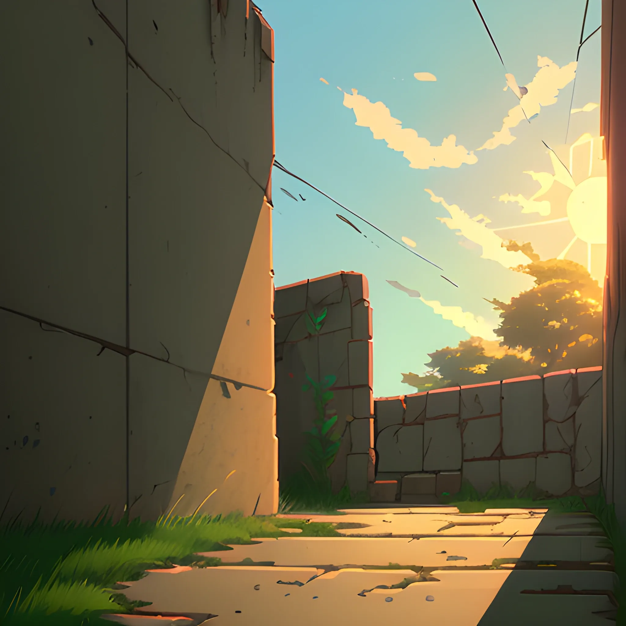 low angle view of an old dilapidated wall with glimmer of sun... in the style of makoto shinkai, Cartoon