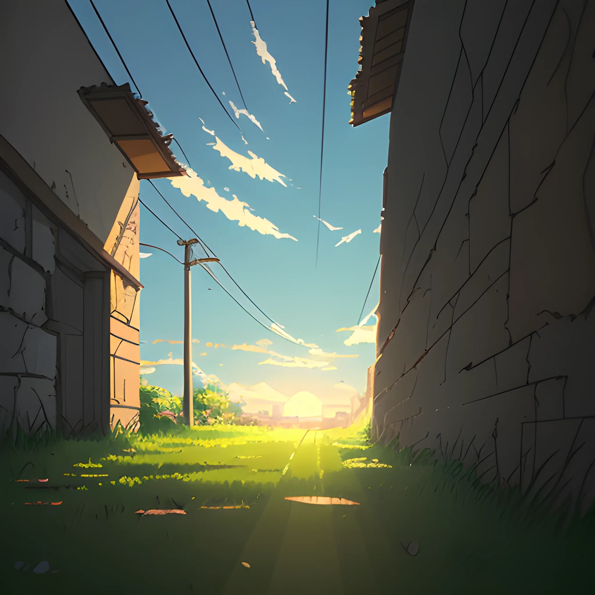 low angle view of an old dilapidated wall with glimmer of sun... in the style of makoto shinkai, Cartoon