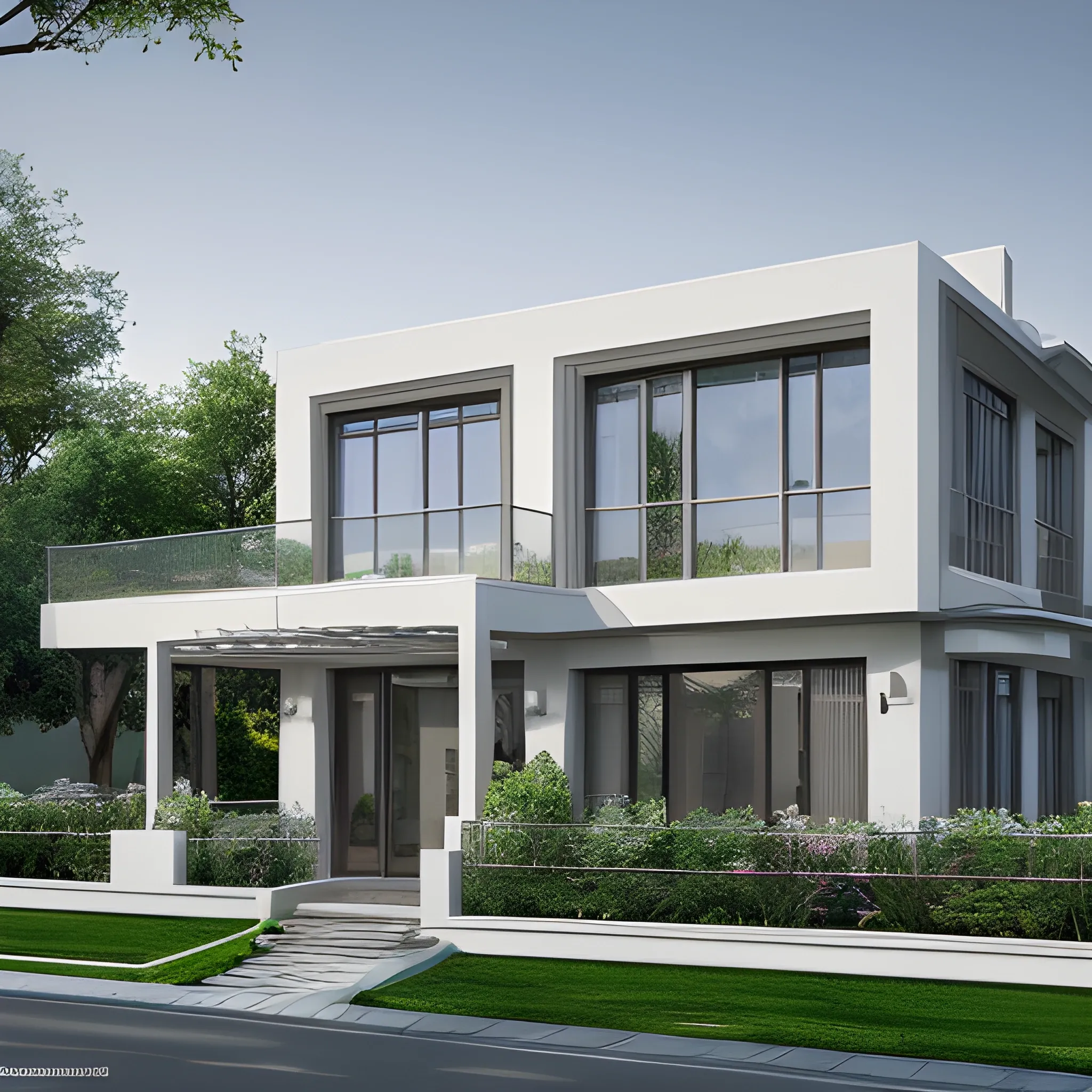 beautiful residential house, modern style, front view, aluminum windows and doors, garden with pergola, (realistic), realistic photo, architectural photography, very detailed, (masterpiece), light colors, lighting (high quality) ,best quality,super detailed,every detail,4k,8k