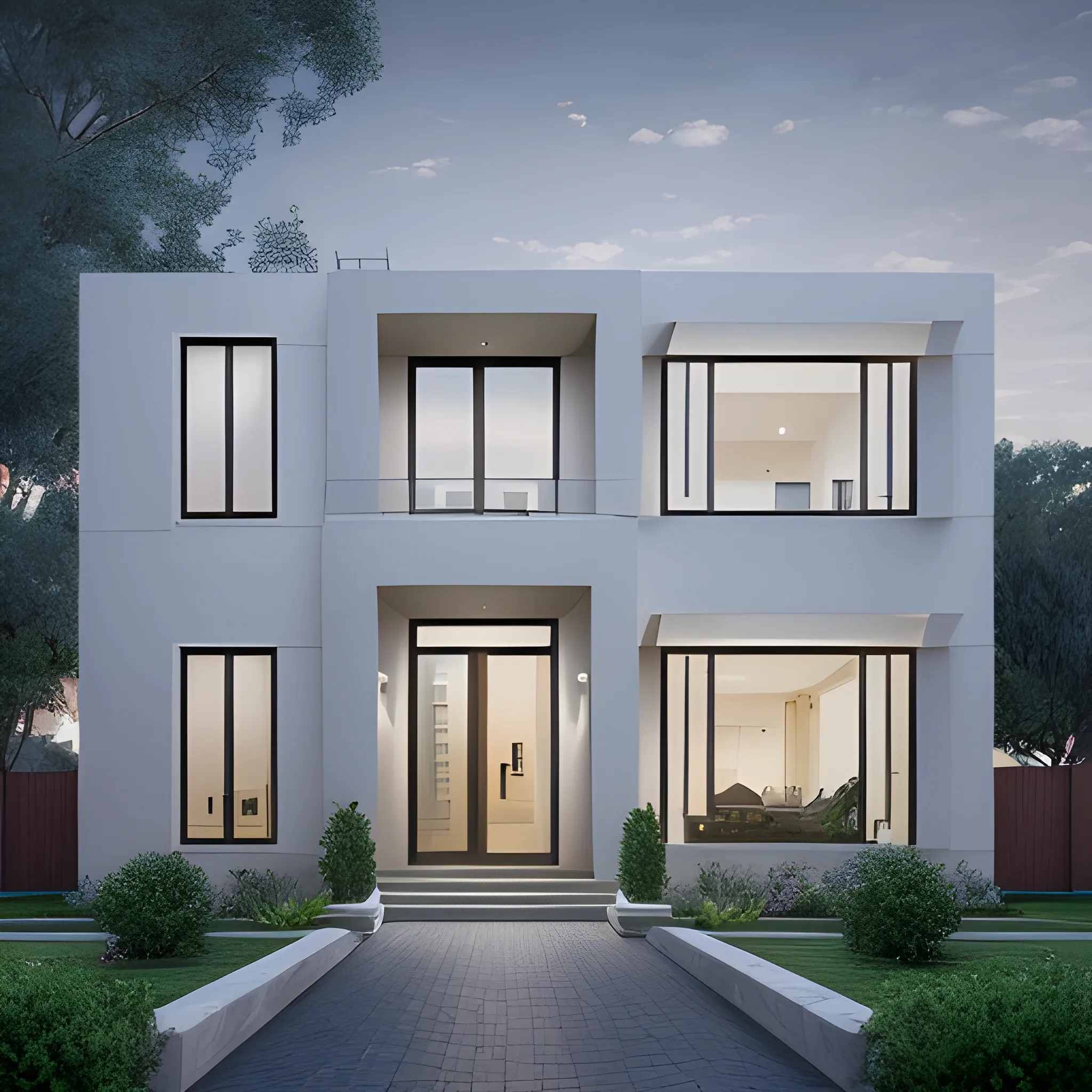 beautiful residential house, modern style, front view, aluminum windows and doors, garden with pergola, (realistic), realistic photo, architectural photography, very detailed, (masterpiece), light colors, lighting (high quality) ,best quality,super detailed,every detail,4k,8k