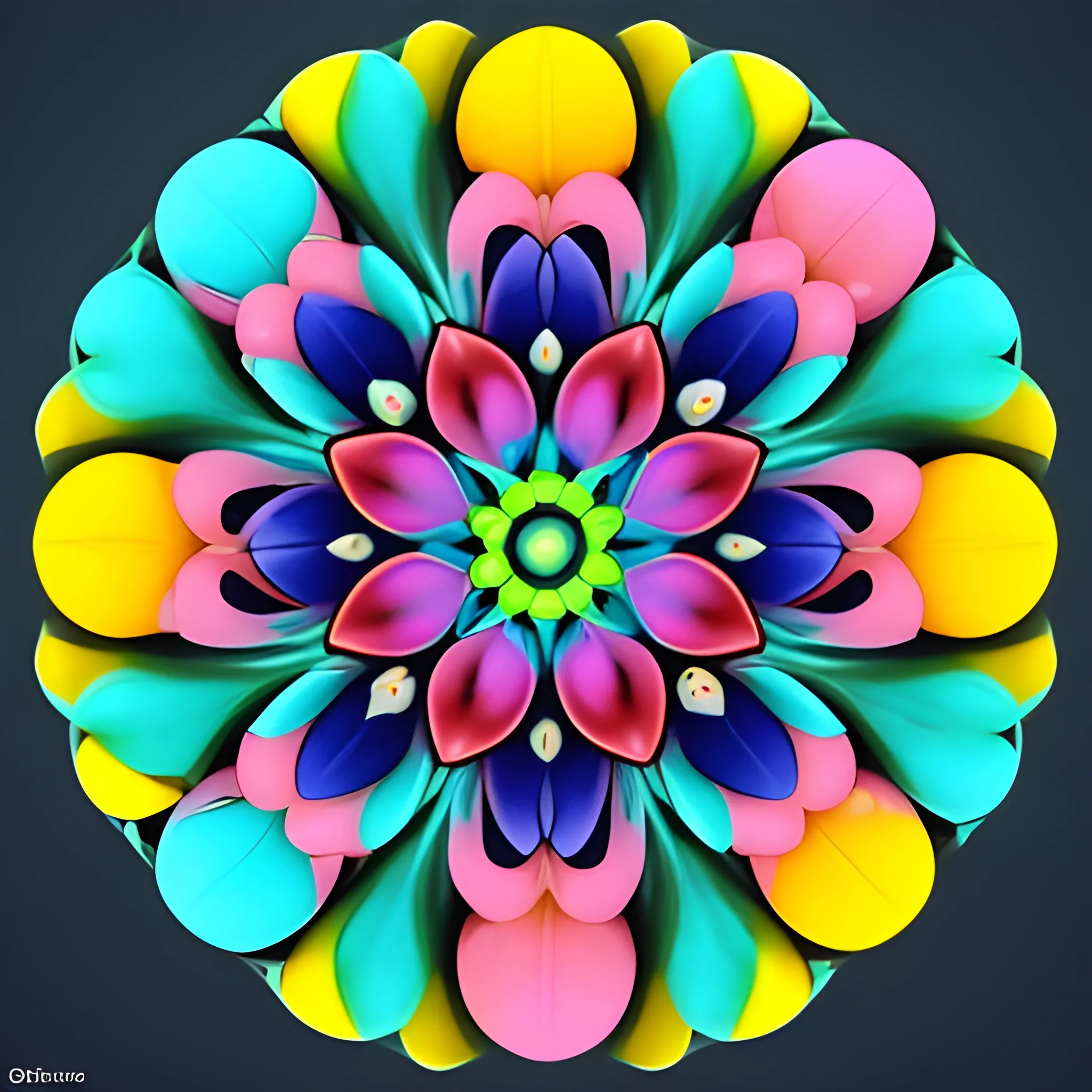 , Trippy, 3D Crie uma estampa com padrões espirais coloridos e formas abstratas, reminiscentes do movimento psicodélico dos anos 60, com uma paleta de cores vibrantes e contrastantes."
"Desenvolva uma arte que combine elementos de natureza, como flores e cogumelos, com formas geométricas e cores neon, criando um efeito de caleidoscópio psicodélico."